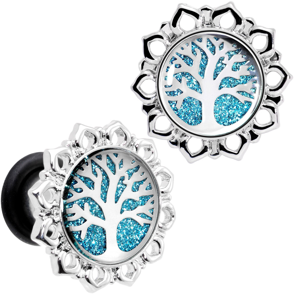 BodyCandy Blue Glitter Inlay Tree of Life Single Flare Plug Set 6mm to 20mm — in-use photo