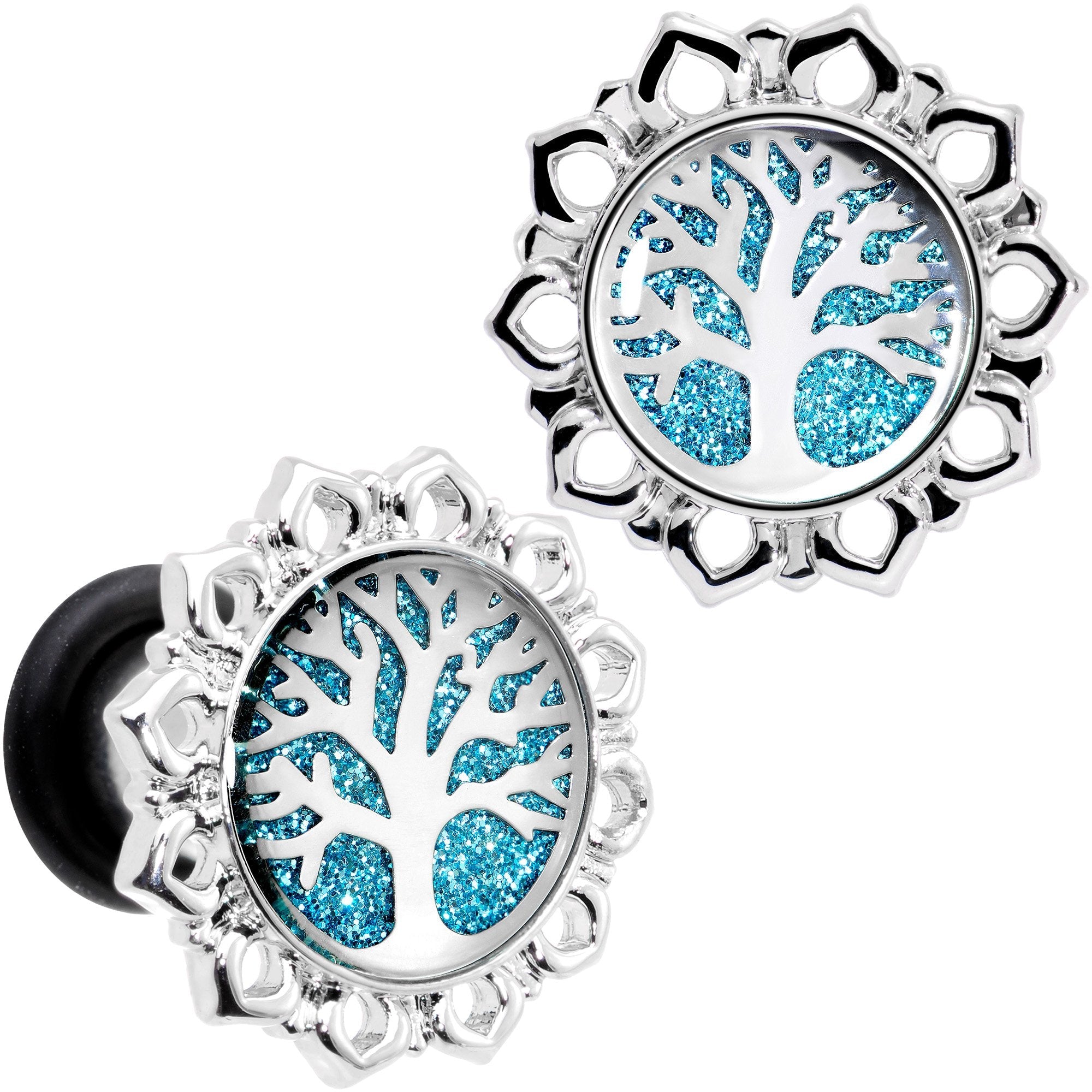 BodyCandy Blue Glitter Inlay Tree of Life Single Flare Plug Set 6mm to 20mm — in-use photo
