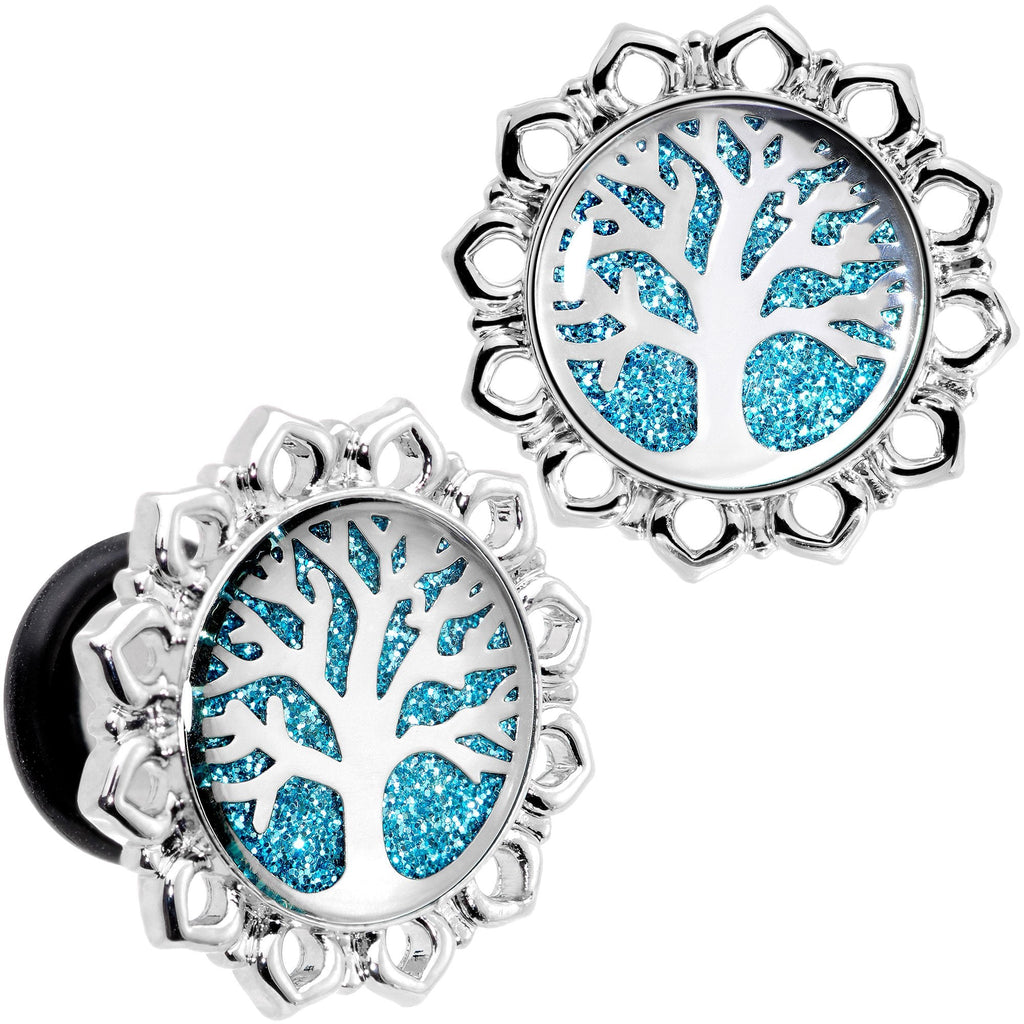 BodyCandy Blue Glitter Inlay Tree of Life Single Flare Plug Set 6mm to 20mm — main product shot