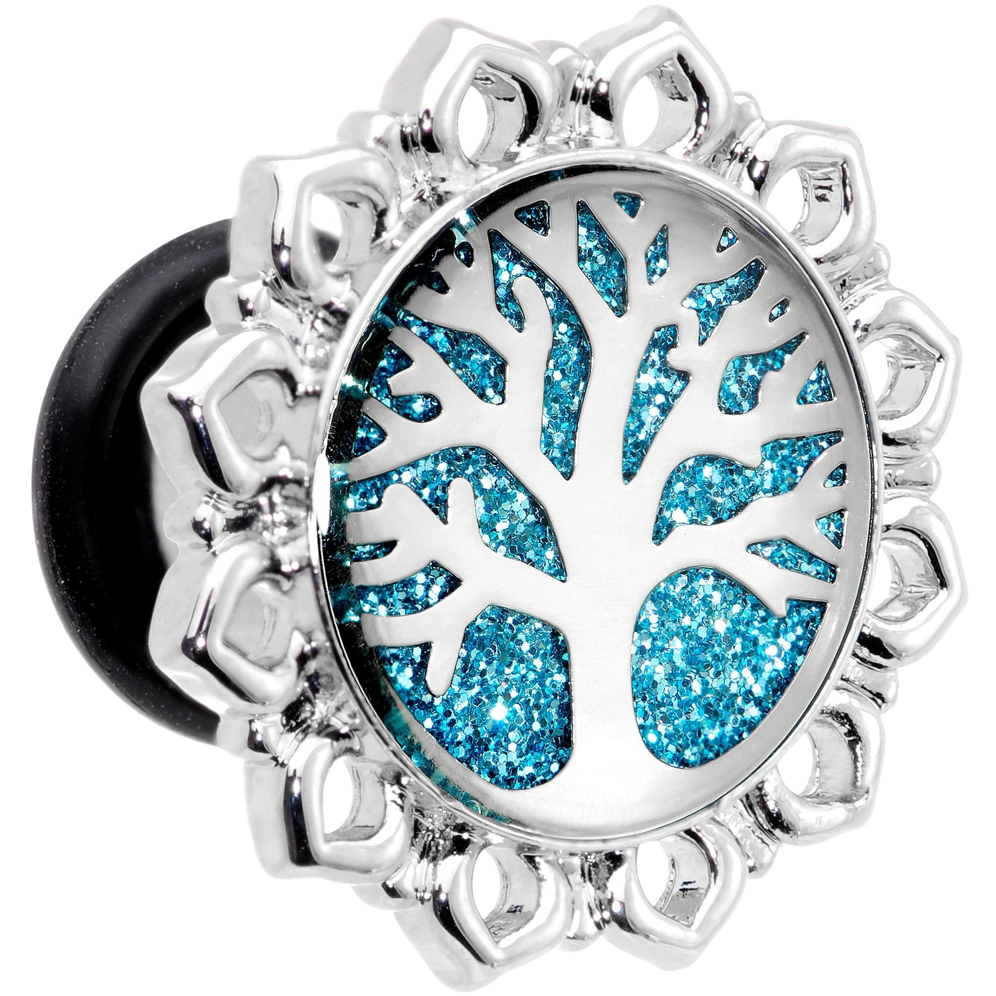 BodyCandy Blue Glitter Inlay Tree of Life Single Flare Plug Set 6mm to 20mm — detail close-up