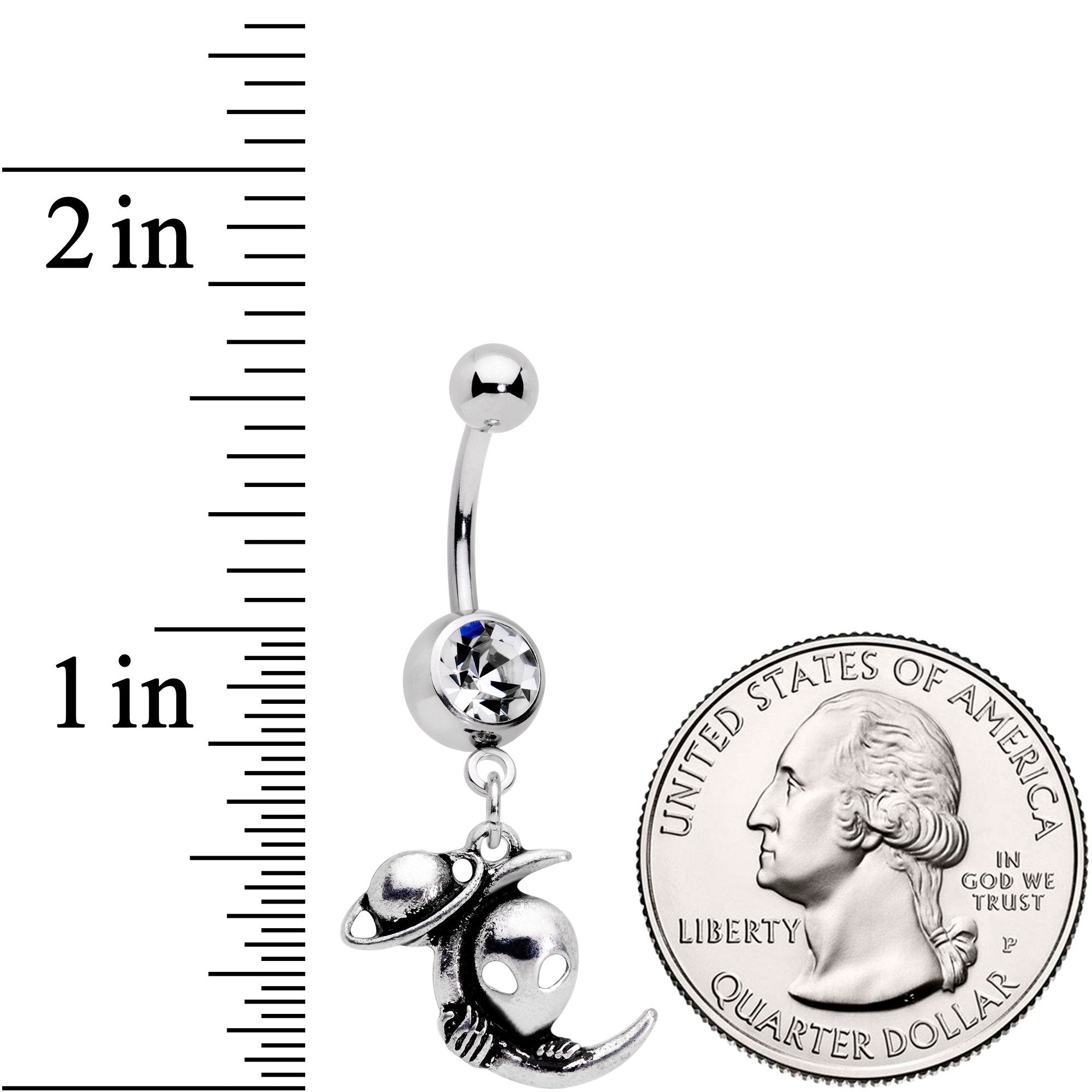 BodyCandy Clear Gem UFO Aliens Are Watching Dangle Belly Ring — detail and construction