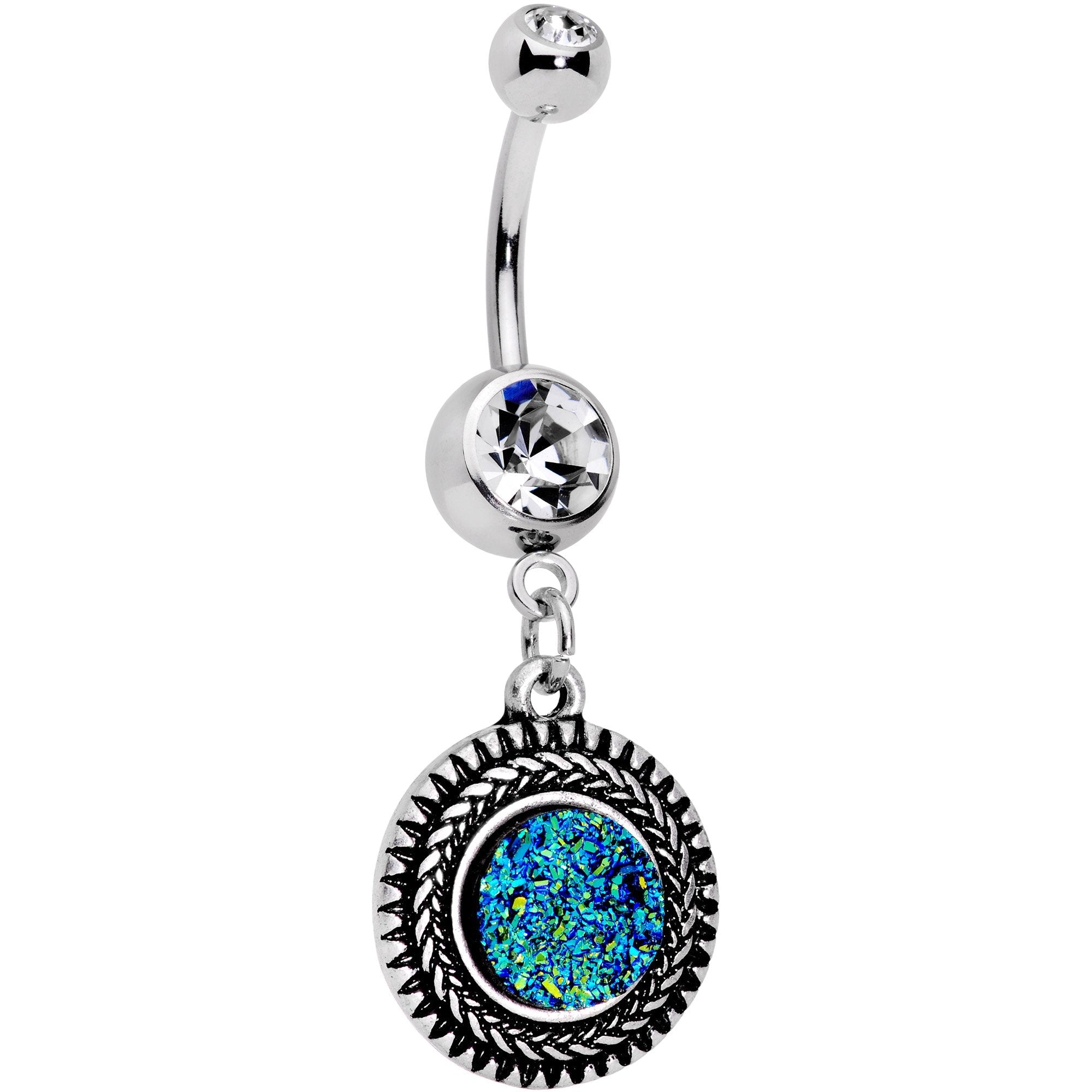 BodyCandy Faux Druzy Quartz Baroque Concentric Circles Dangle Belly Ring — detail and construction