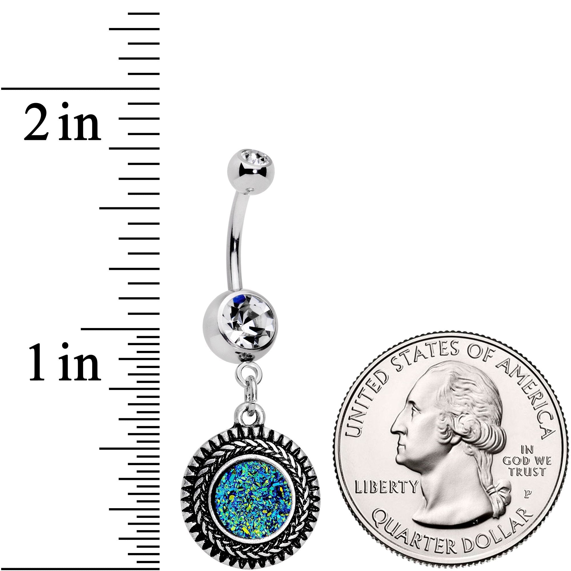BodyCandy Faux Druzy Quartz Baroque Concentric Circles Dangle Belly Ring — lifestyle context