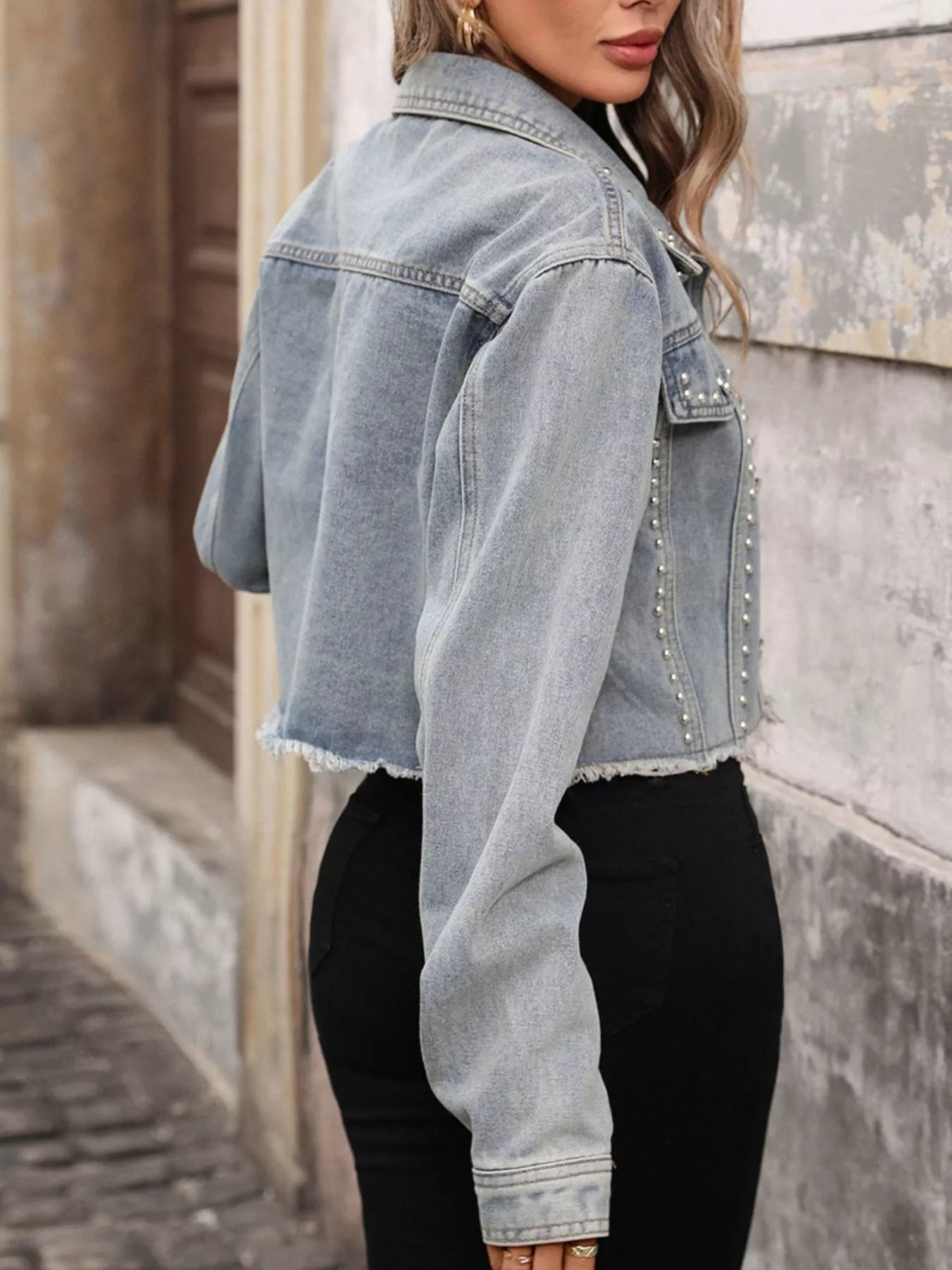 Studded Raw Hem Denim Jacket