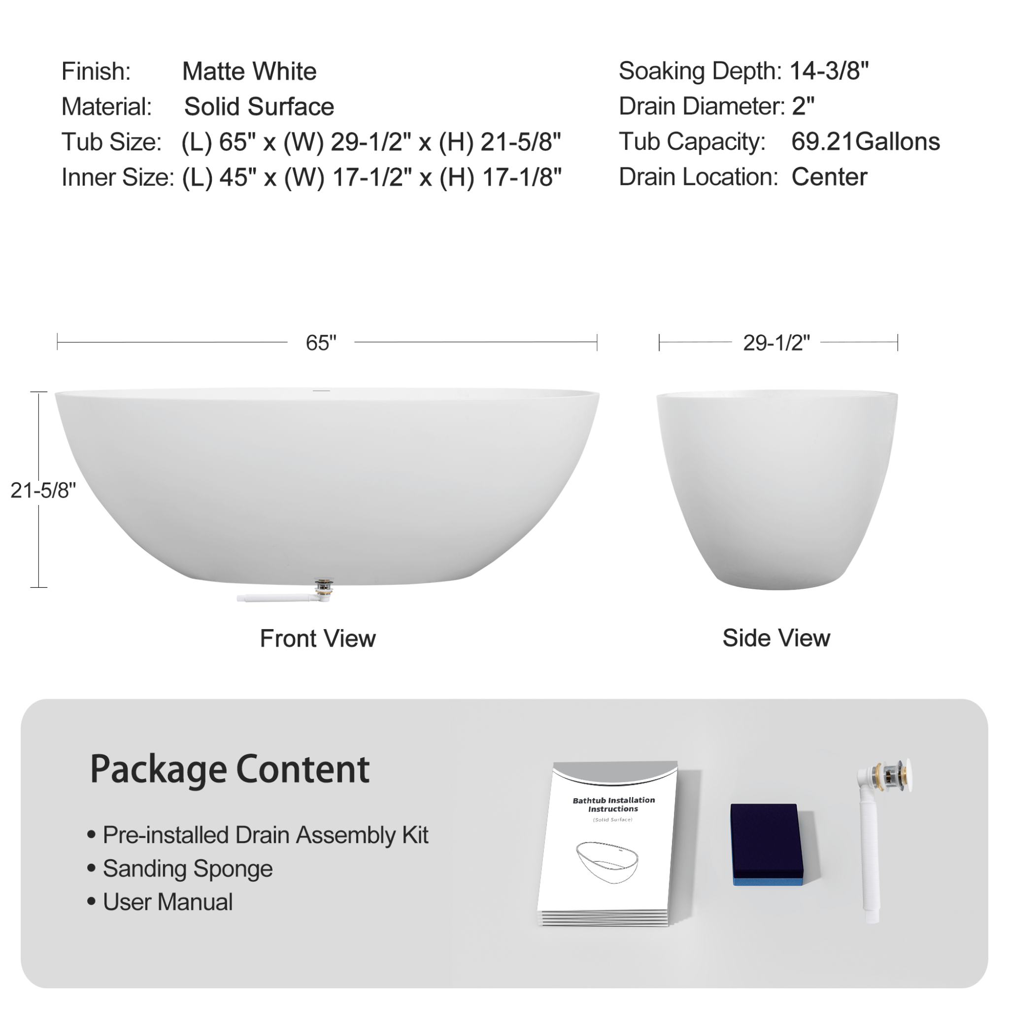 Nuvia Virella 65-Inch Luxury Freestanding Soaking Bathtub With Overflow And Pop-Up Drain (SAK69451) – SAKSBY WHOLESALE, view 