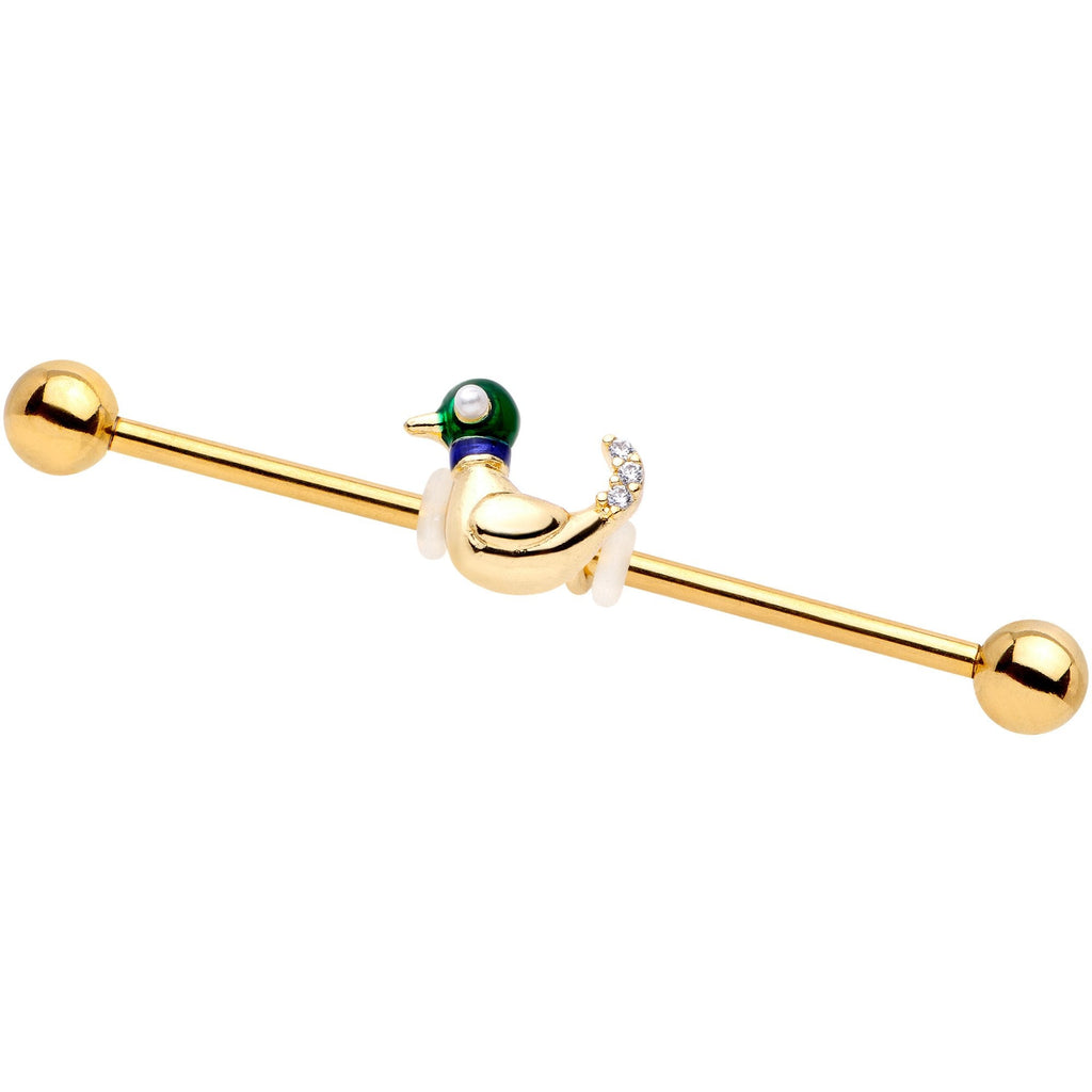 BodyCandy 14G Gold Tone Mighty Mallard Industrial Barbell 38mm — branding close-up