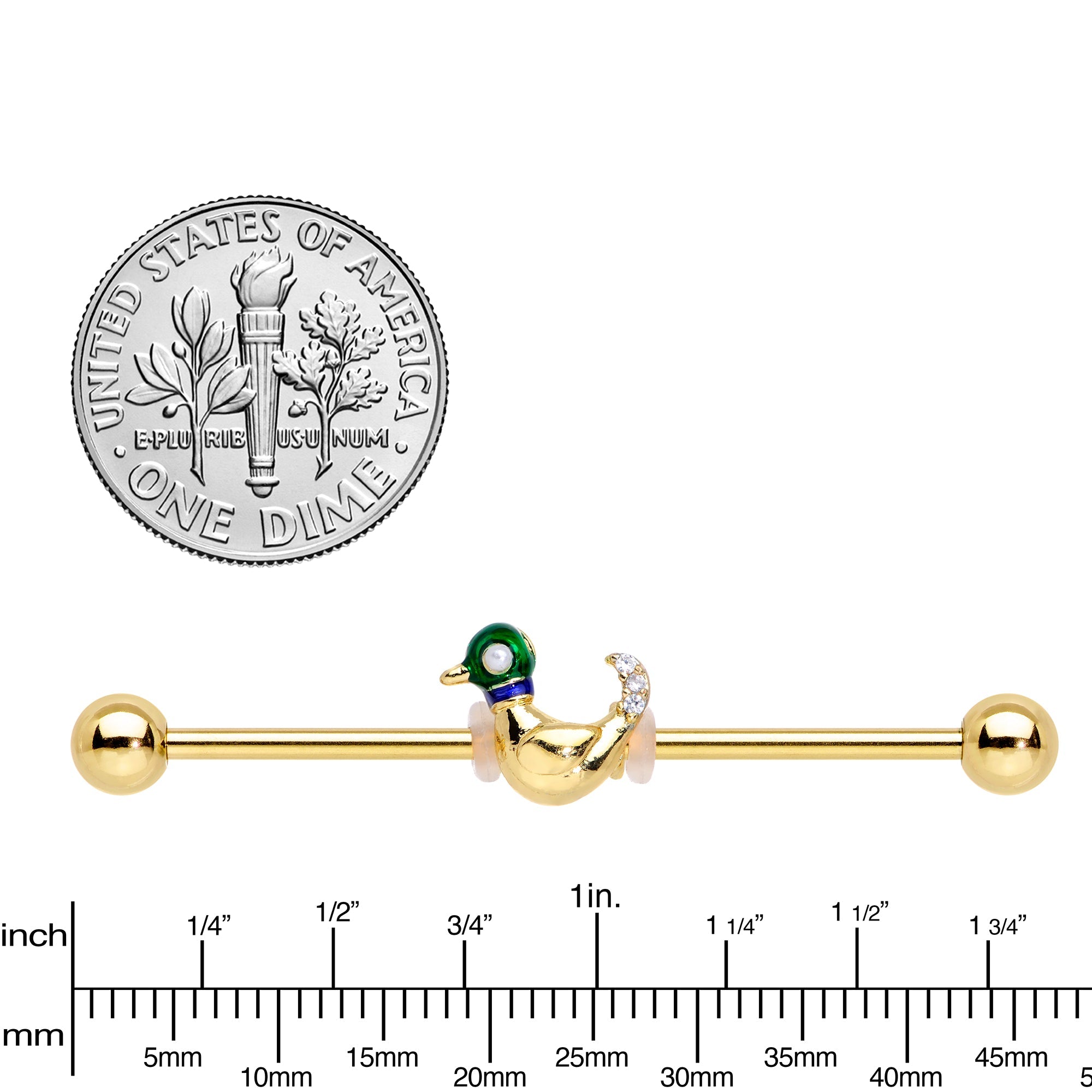 BodyCandy 14G Gold Tone Mighty Mallard Industrial Barbell 38mm — lifestyle context