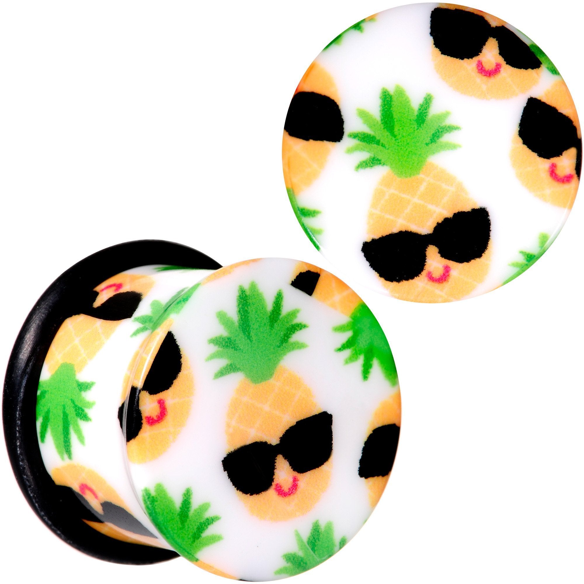BodyCandy White Acrylic Hip Sunglasses Pineapple Single Flare Plug Set Sizes 3mm to 16mm — detail and construction