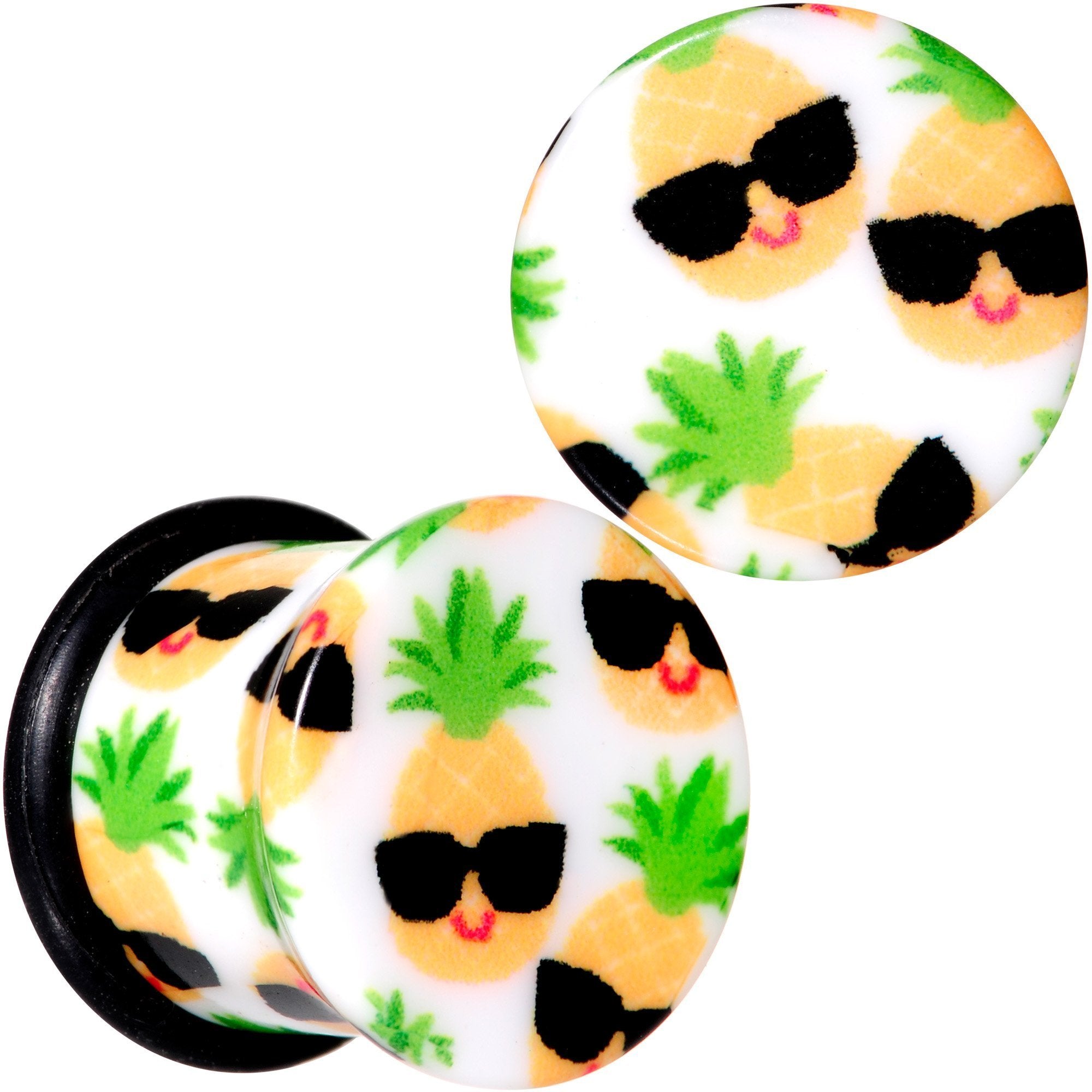 BodyCandy White Acrylic Hip Sunglasses Pineapple Single Flare Plug Set Sizes 3mm to 16mm — in-use context