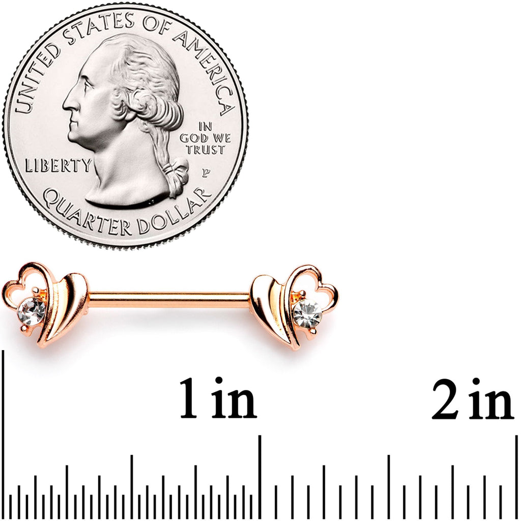 BodyCandy 9/16 Clear Gem Rose Gold Tone Love Wave Barbell Nipple Ring Set — detail and construction