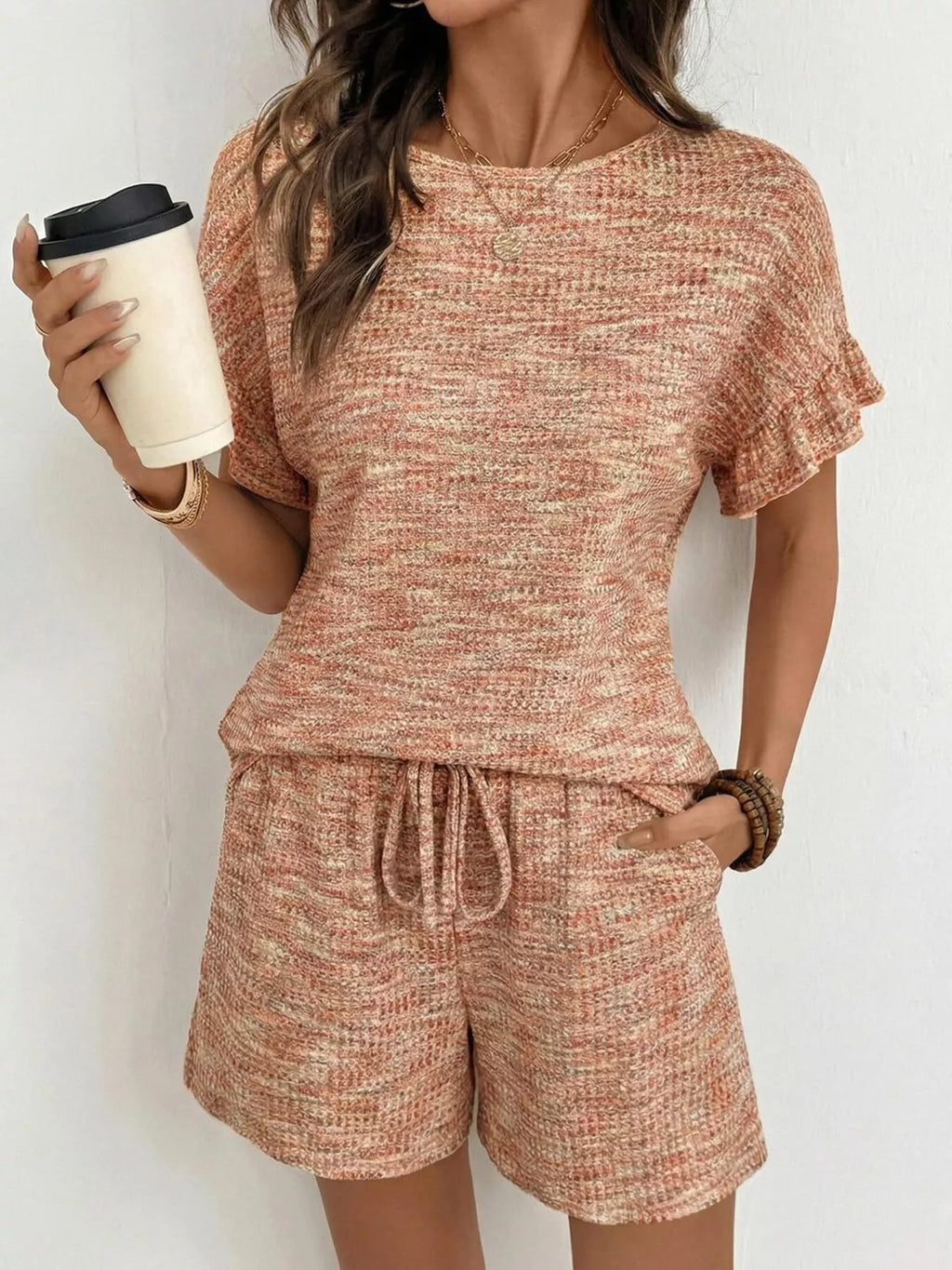 Ruffle Sleeve Textured Top and Shorts Set