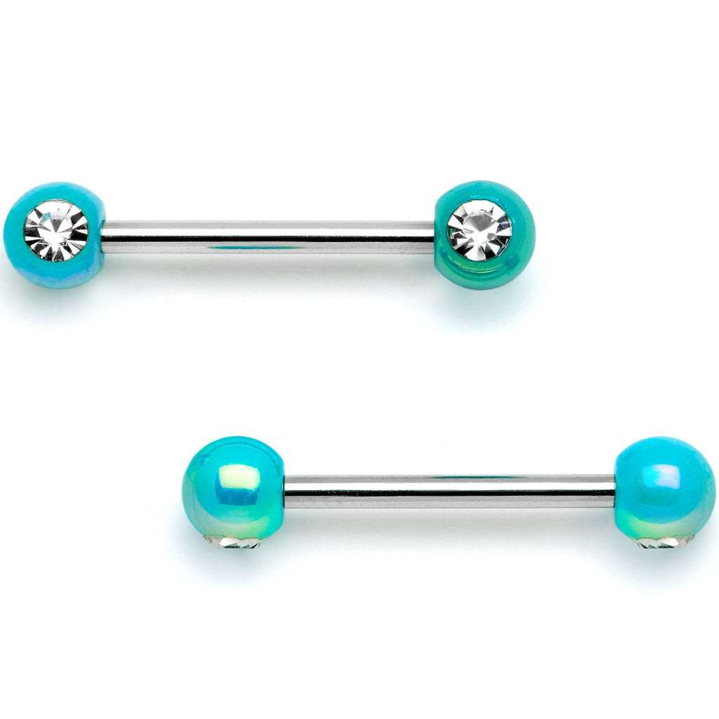 BodyCandy 9/16 Clear Gem Teal Pearlescent Acrylic Barbell Nipple Ring Set — main product shot
