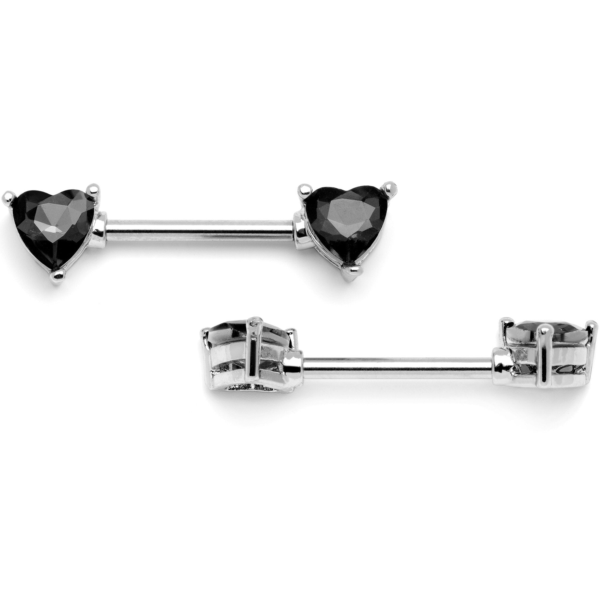 BodyCandy 14G 9/16 Black Gem Hearts of Love Barbell Nipple Ring Set — detail and construction