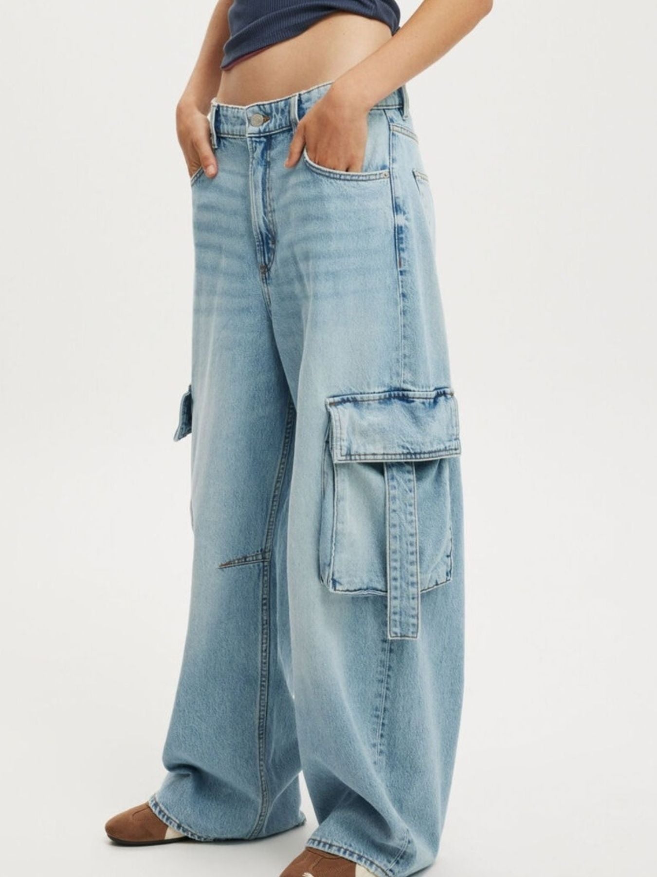 Vintage Wash Wide Leg Cargo Jeans