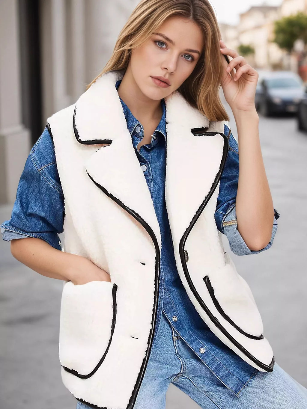 Sherpa Fleece Vest Coat with Contrast Trim