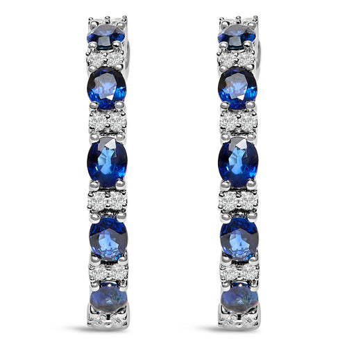 14K White Gold 4x3mm Oval Blue Sapphire and 1/4 Cttw Diamond Alternating Hoop Earring (I-J Color, SI2-I1 Clarity)