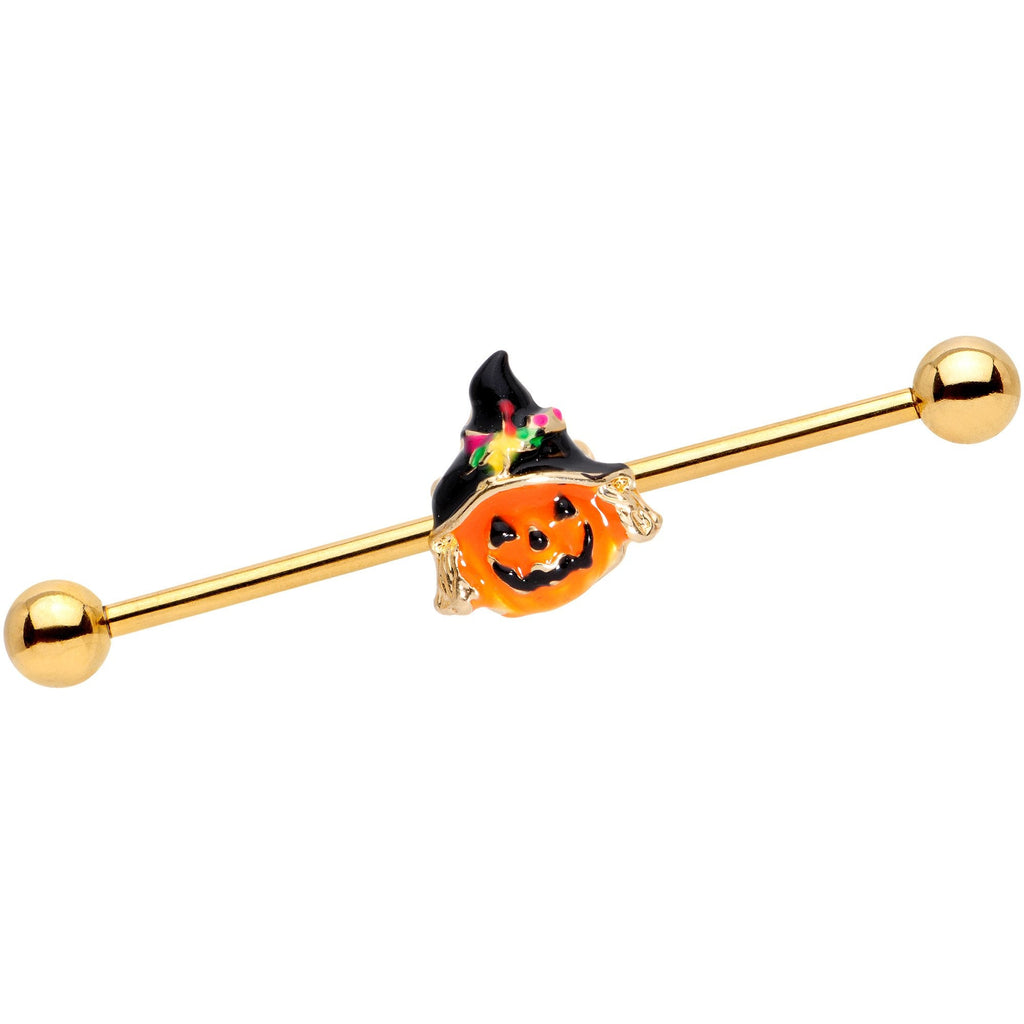 BodyCandy 14G Gold Tone Halloween Jack O Lantern Industrial Barbell 38mm — main product shot