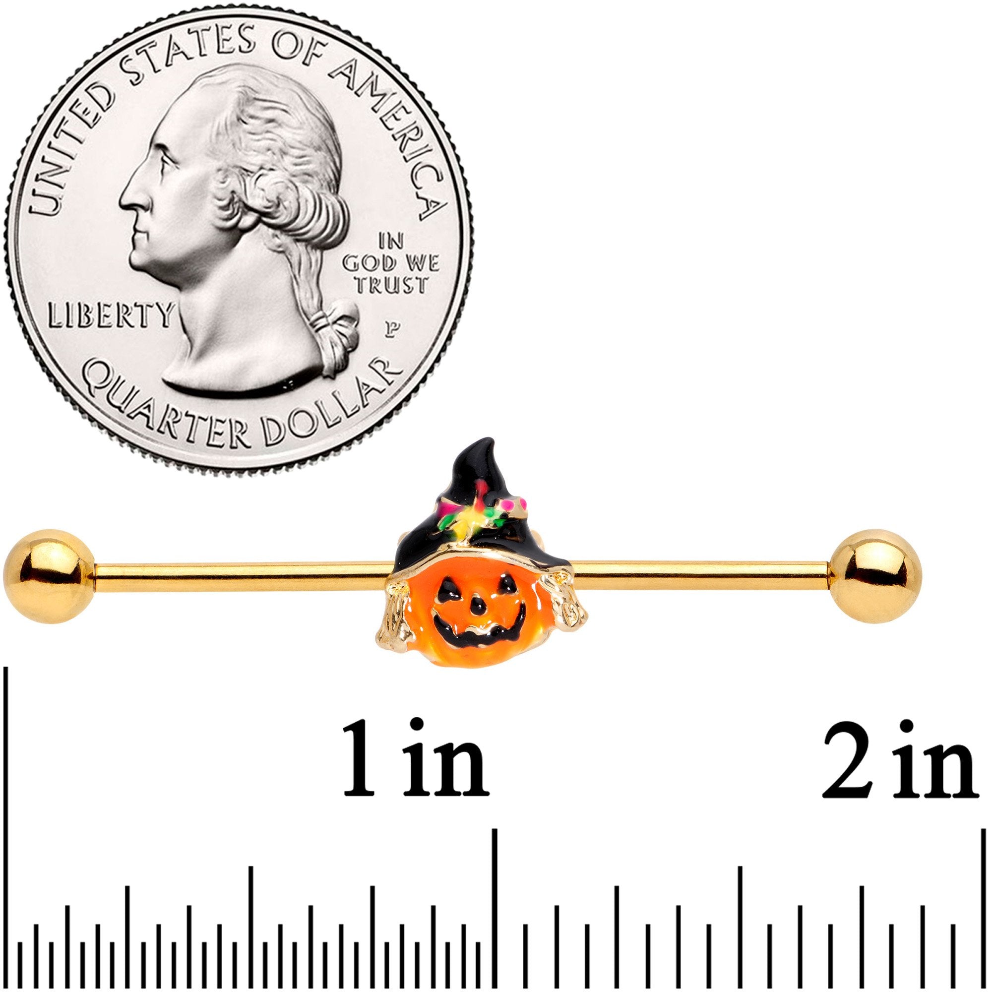 BodyCandy 14G Gold Tone Halloween Jack O Lantern Industrial Barbell 38mm — detail and construction