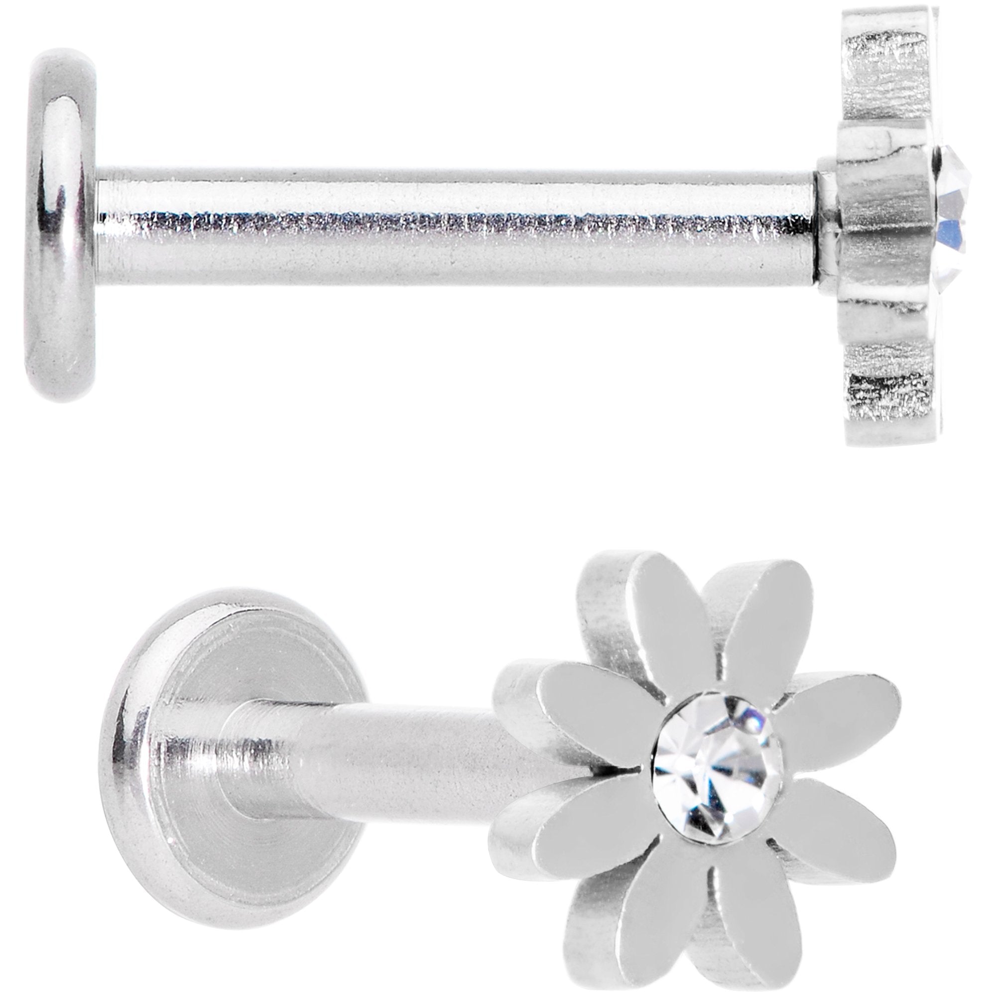 BodyCandy Clear Gem Multicolor Internally Threaded Flower Labret Set of 4 — detail and construction
