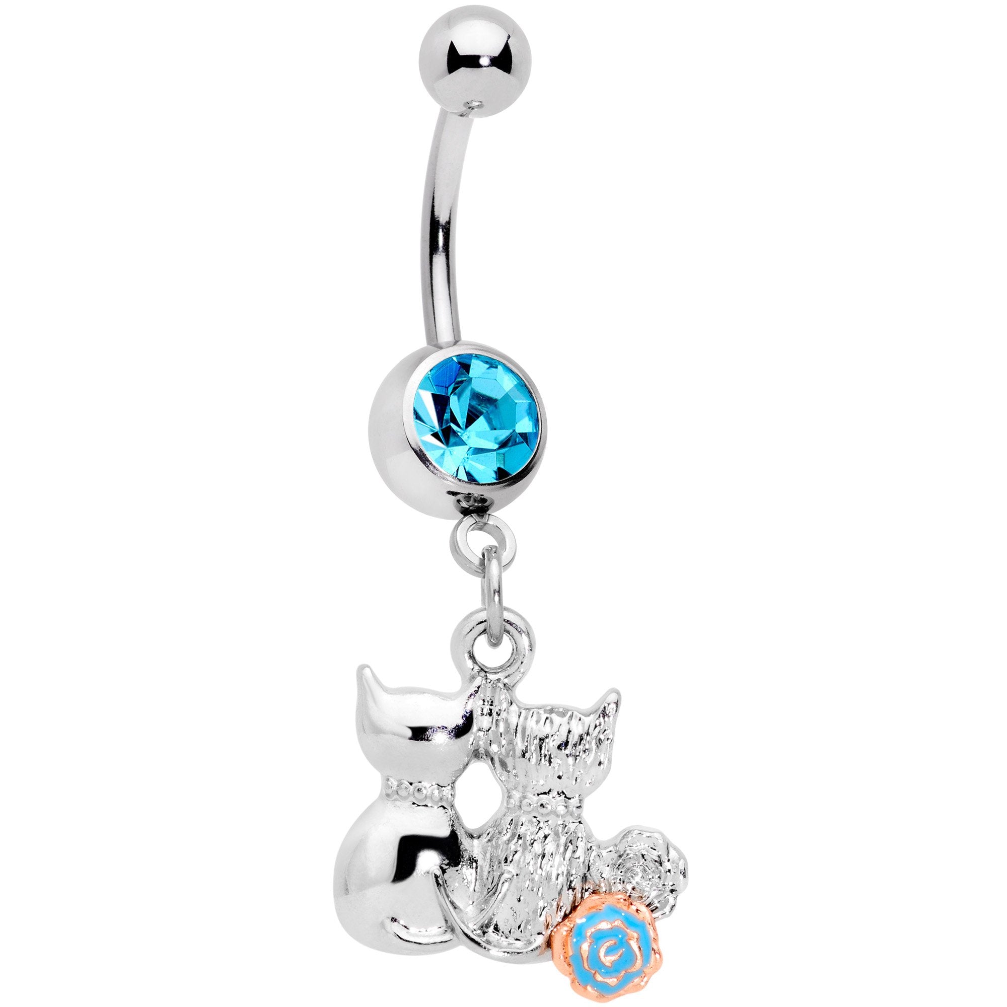 BodyCandy Aqua Gem Color Yarn Cuddling Kittens Dangle Belly Ring — main product shot
