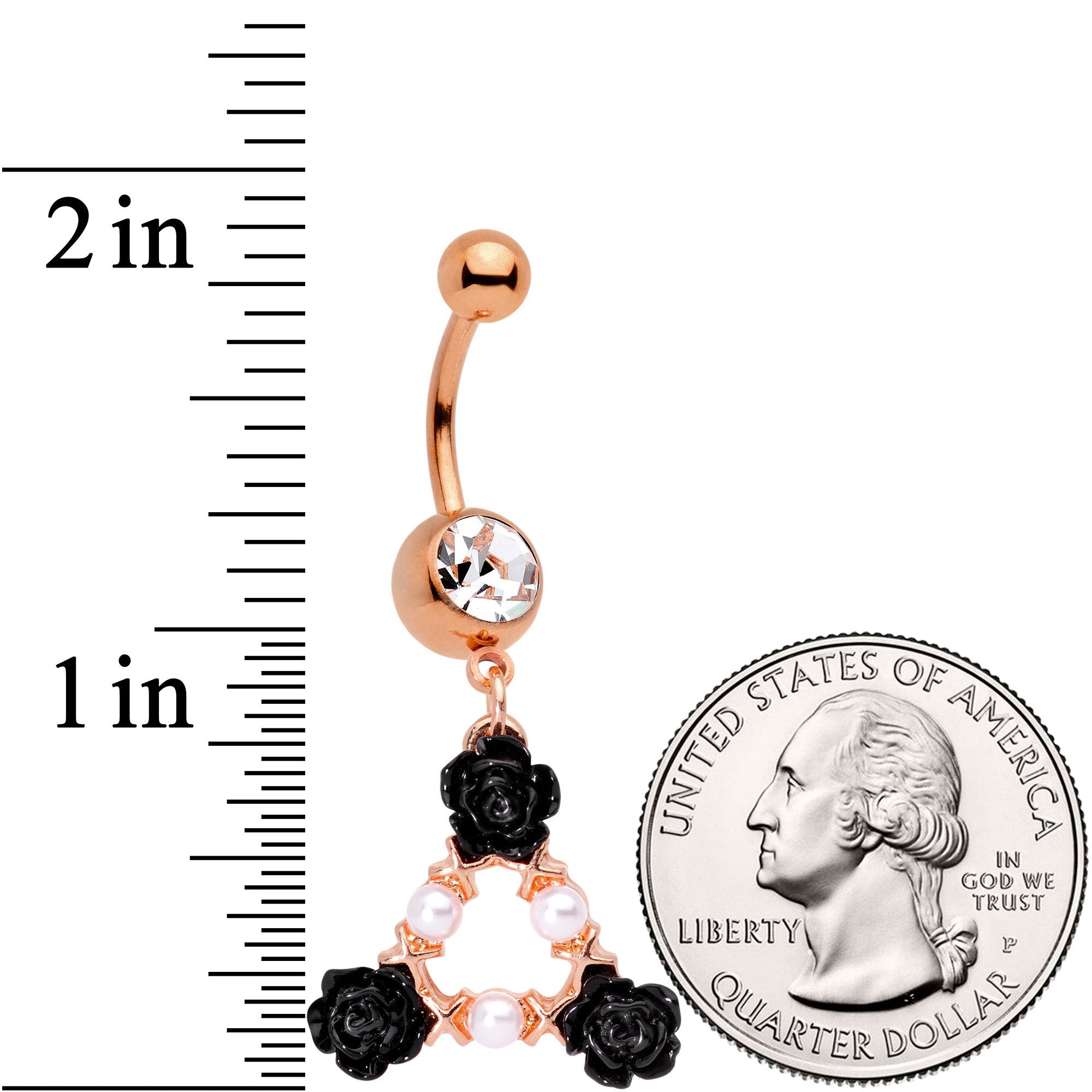 BodyCandy Clear Gem Rose Gold Tone Triple Flower Triangle Dangle Belly Ring — detail and construction