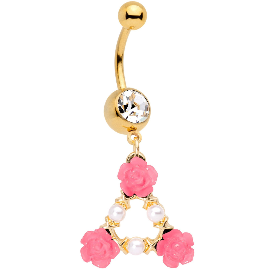 BodyCandy Gold Tone Pink Triple Flower Triangle Dangle Belly Ring — main product shot