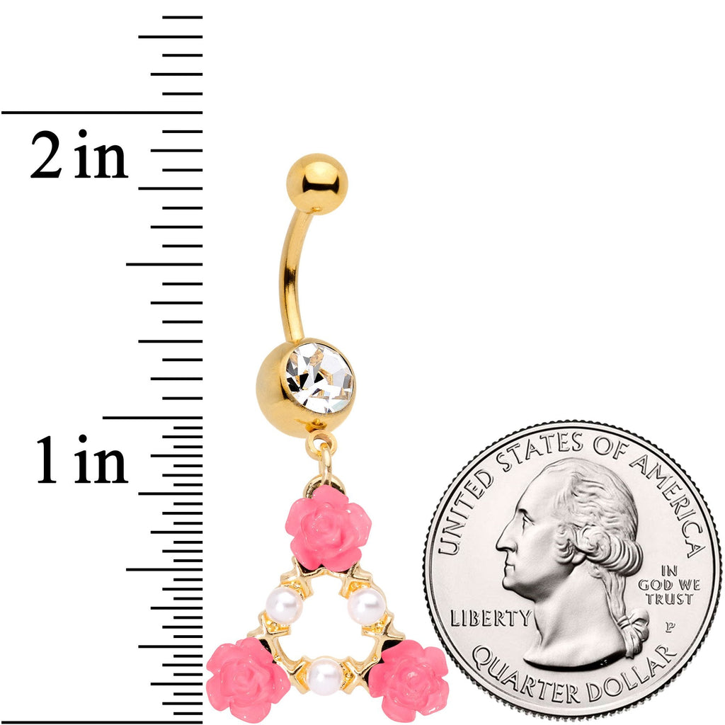 BodyCandy Gold Tone Pink Triple Flower Triangle Dangle Belly Ring — detail and construction