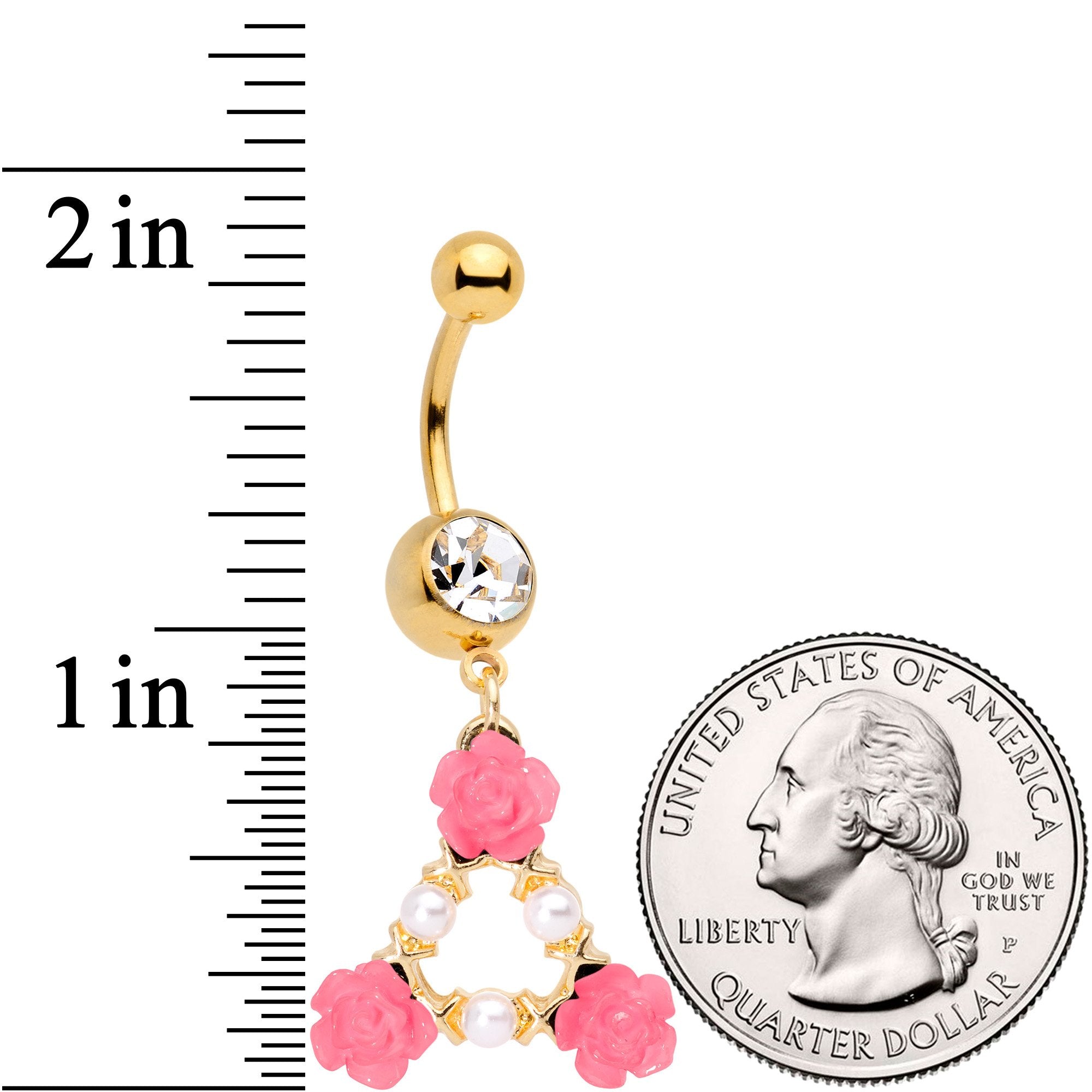 BodyCandy Gold Tone Pink Triple Flower Triangle Dangle Belly Ring — detail and construction