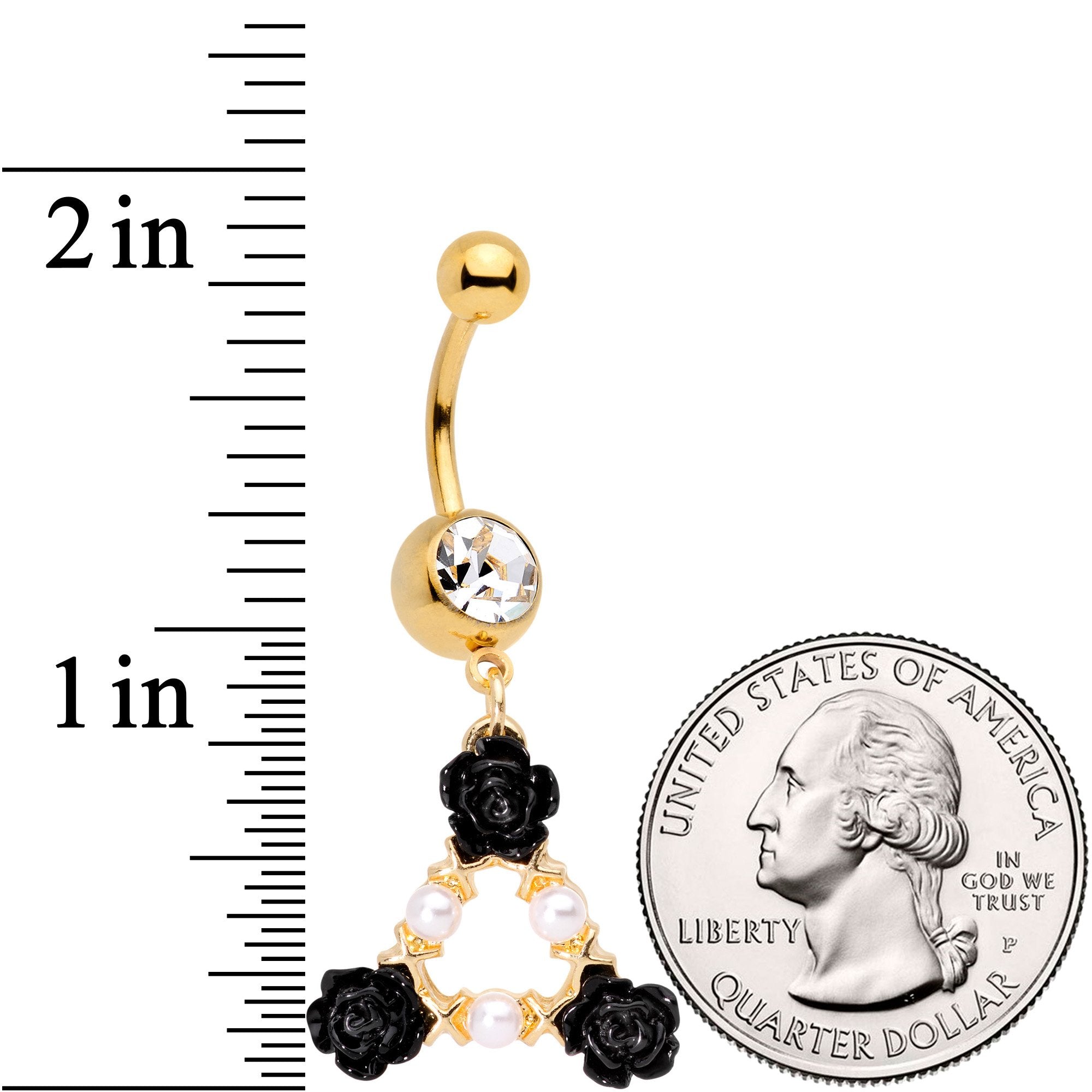 BodyCandy Gold Tone Black Triple Flower Triangle Dangle Belly Ring — detail and construction