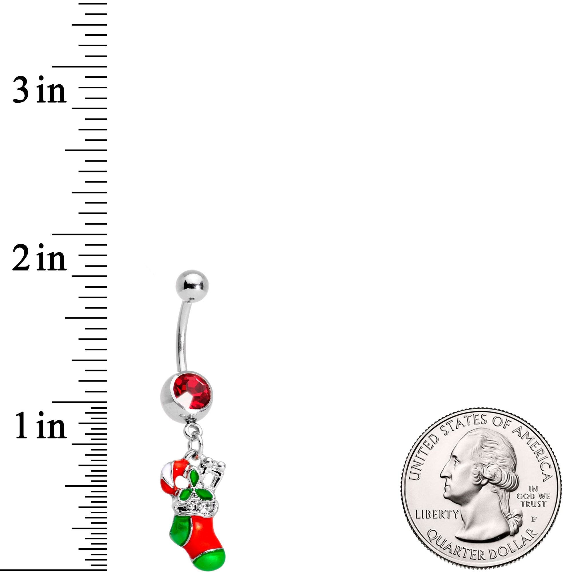 BodyCandy Red Gem Christmas Morning Holiday Stocking Dangle Belly Ring — detail and construction