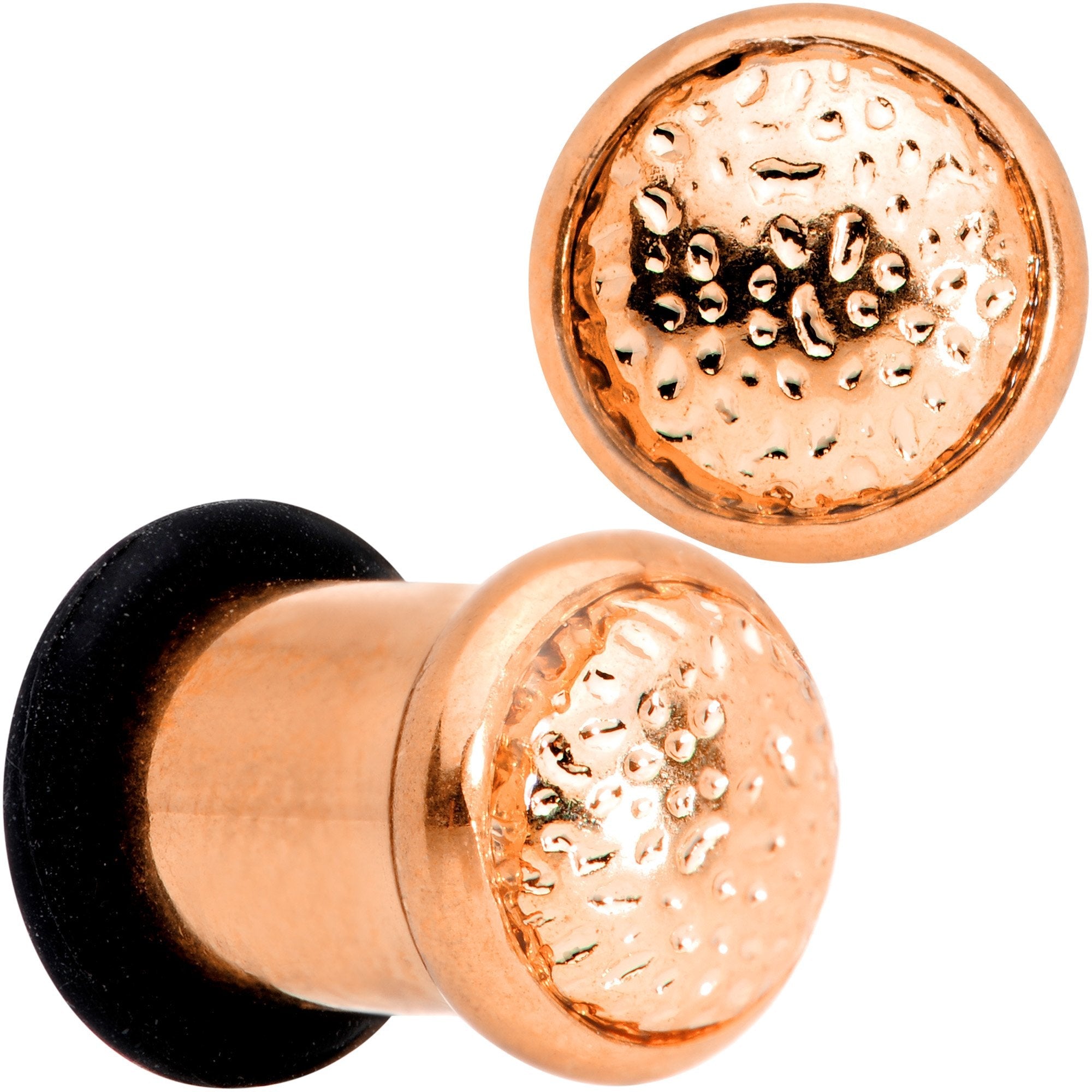 BodyCandy Rose Gold Tone Hammered Finish Single Flare Plug Set 6mm to 16mm Sizes — packaging or label