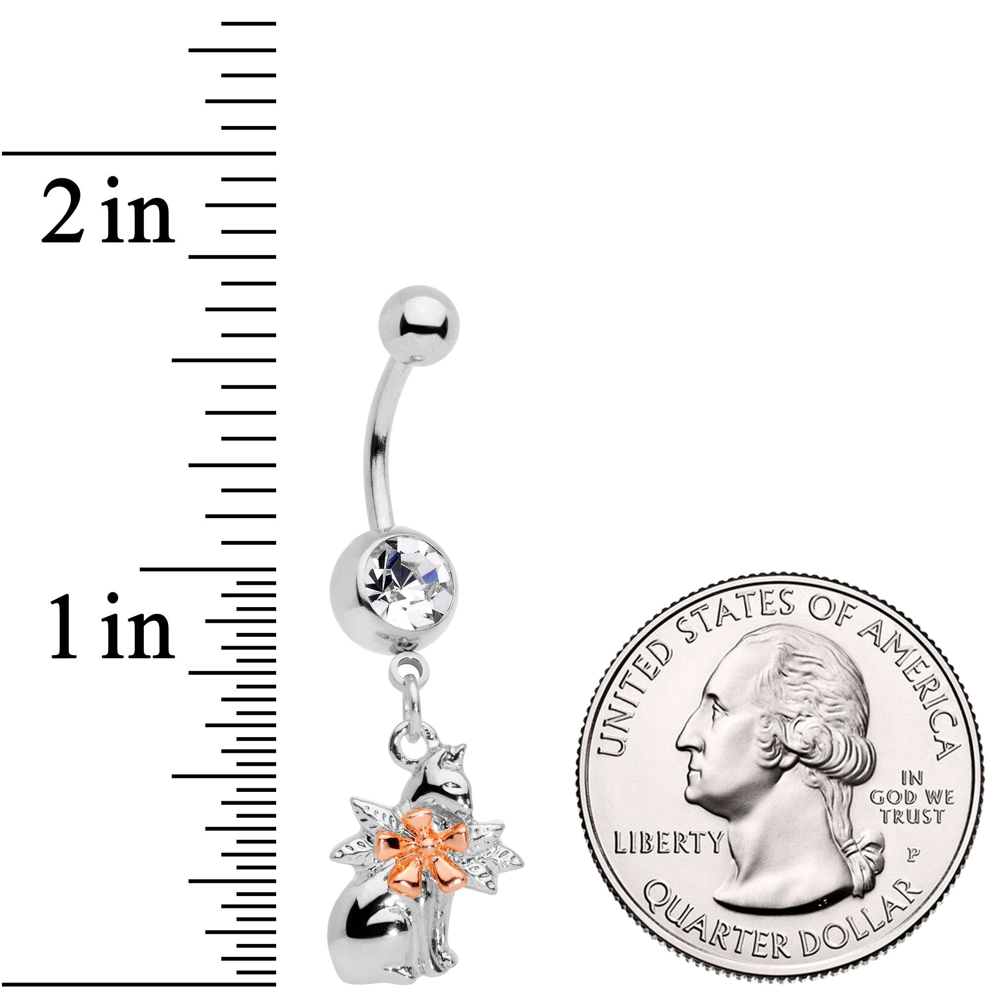 BodyCandy Clear Gem Kitty Cat With a Corsage Dangle Belly Ring — detail and construction