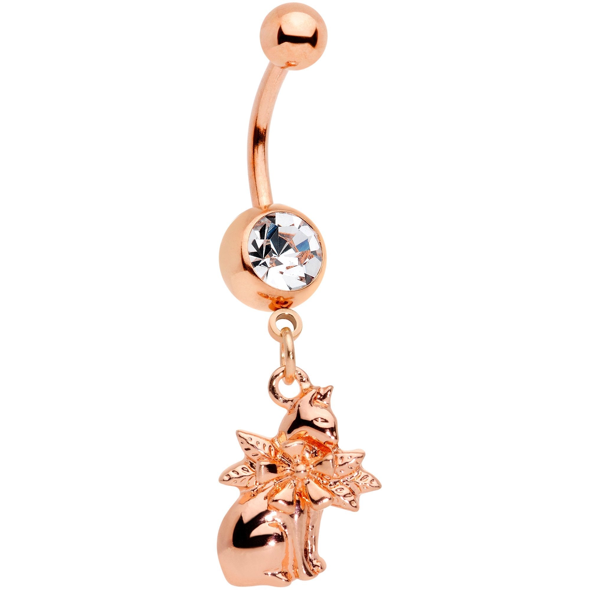 BodyCandy Clear Gem Rose Gold Tone Kitty Cat With A Corsage Dangle Belly Ring — main product shot