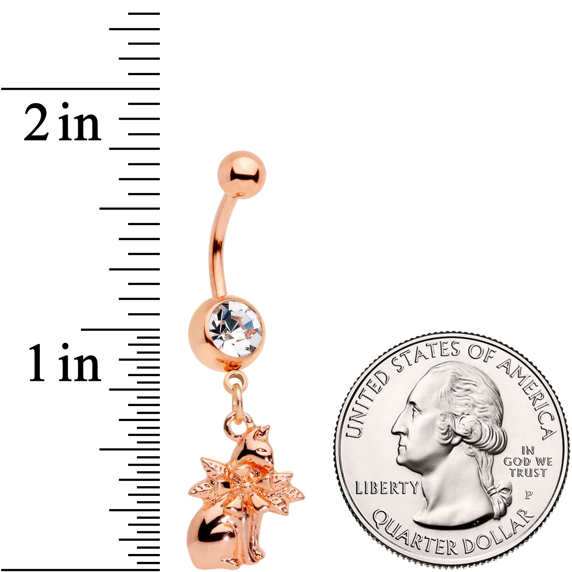 BodyCandy Clear Gem Rose Gold Tone Kitty Cat With A Corsage Dangle Belly Ring — detail and construction