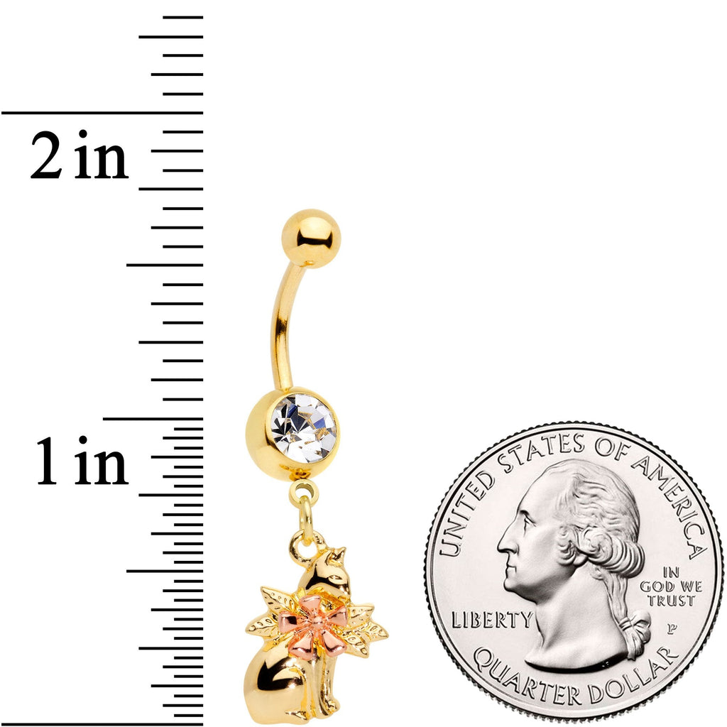 BodyCandy Clear Gem Gold Tone Kitty Cat With A Corsage Dangle Belly Ring — detail and construction