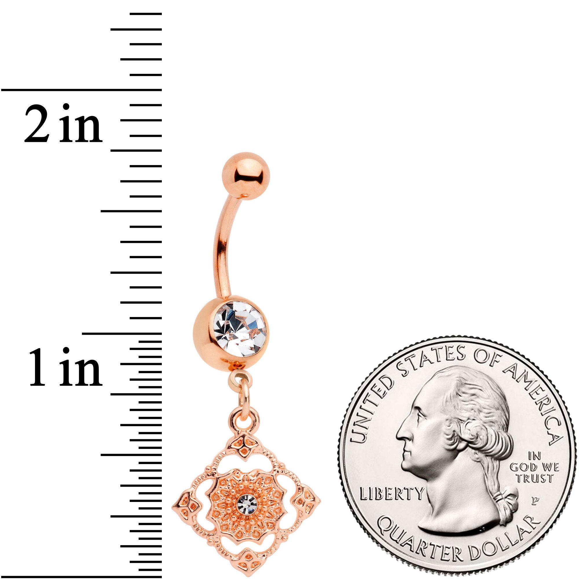 BodyCandy Clear Gem Rose Gold Tone Art Deco Elegance Dangle Belly Ring — detail and construction