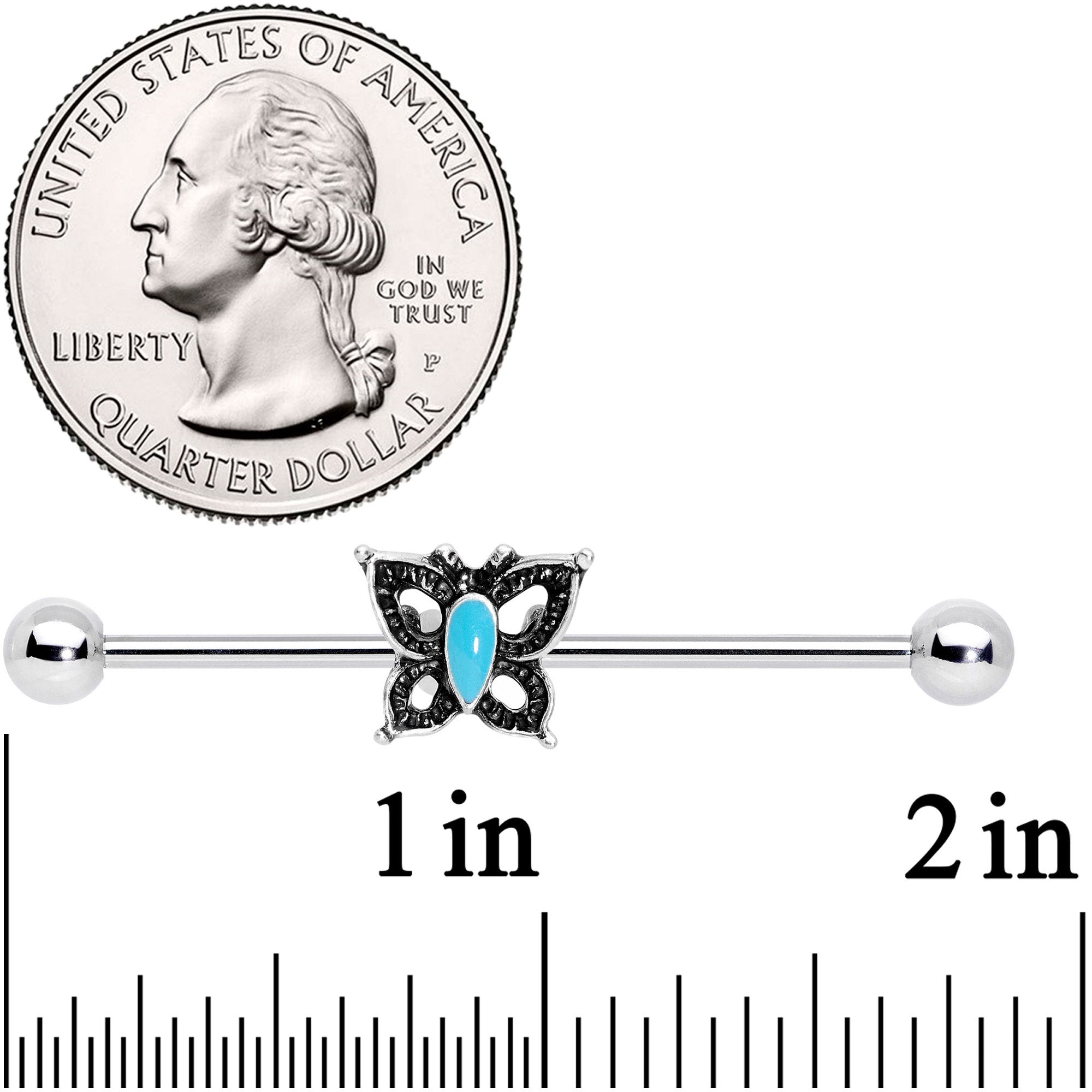 BodyCandy 14G Faux Turquoise Southwest Butterfly Industrial Barbell 38mm — detail and construction