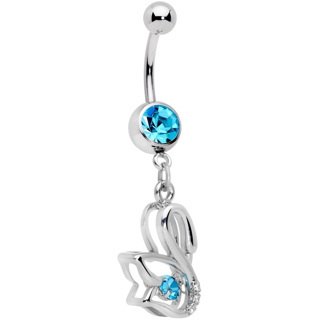 BodyCandy Clear Aqua CZ Gem Floating Modernist Swan Dangle Belly Ring — detail and construction