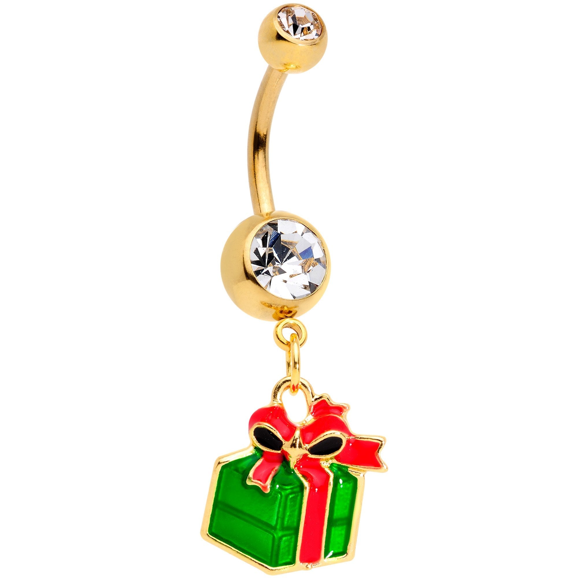 BodyCandy Clear Gem Gold Tone Green Red Happy Holiday Gift Dangle Belly Ring — main product shot
