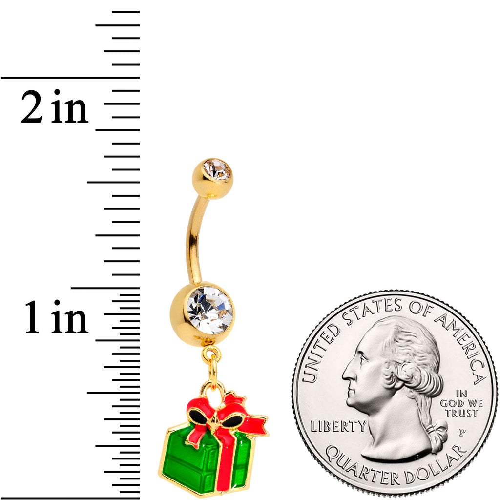 BodyCandy Clear Gem Gold Tone Green Red Happy Holiday Gift Dangle Belly Ring — detail and construction
