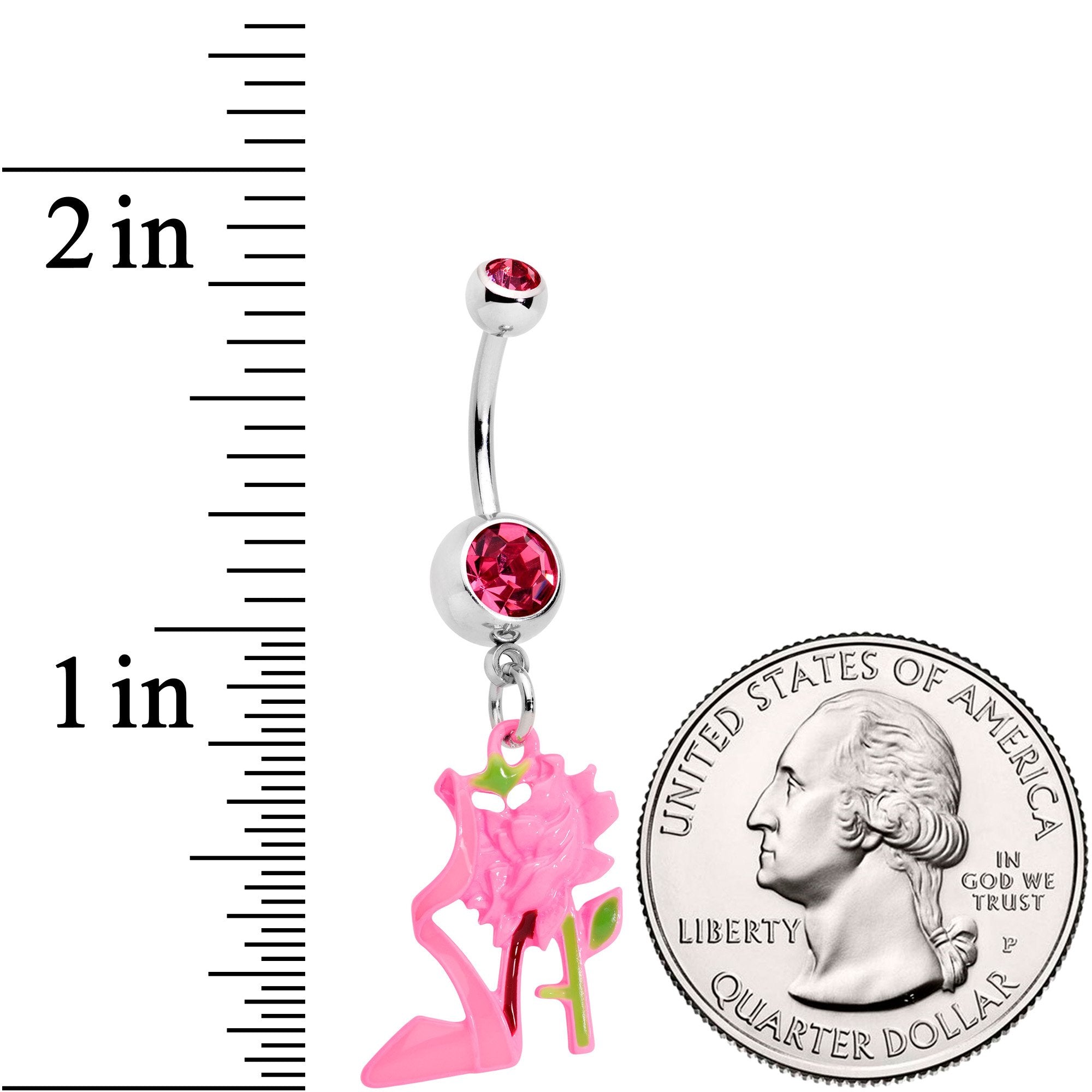 BodyCandy Pink Gems Tricolor Rose Flower and Stiletto Heel Dangle Belly Ring — detail and construction