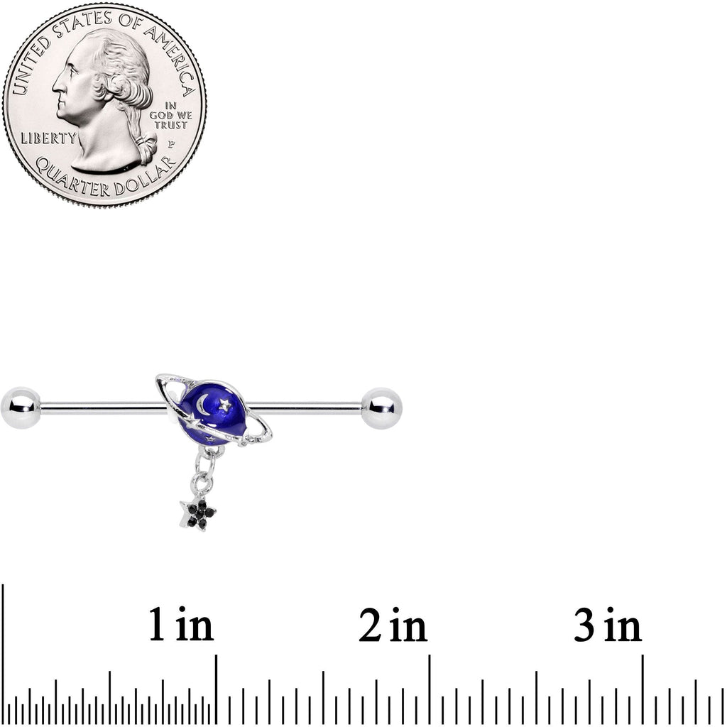 BodyCandy 14G Blue Gem Interplanetary Star Saturn Industrial Barbell 38mm — detail and construction