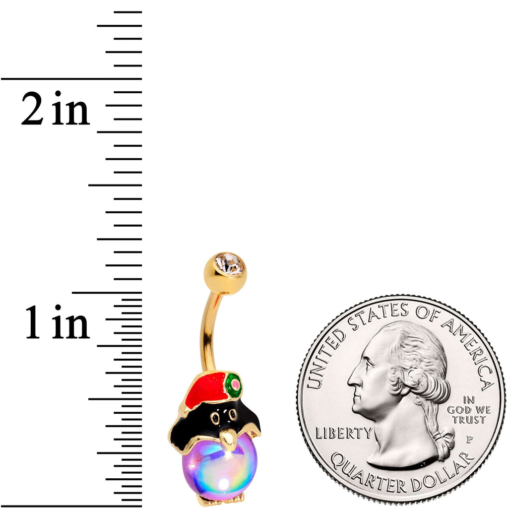 BodyCandy Clear Gem Gold Tone Iridescent Holiday Penguin Belly Ring — detail and construction
