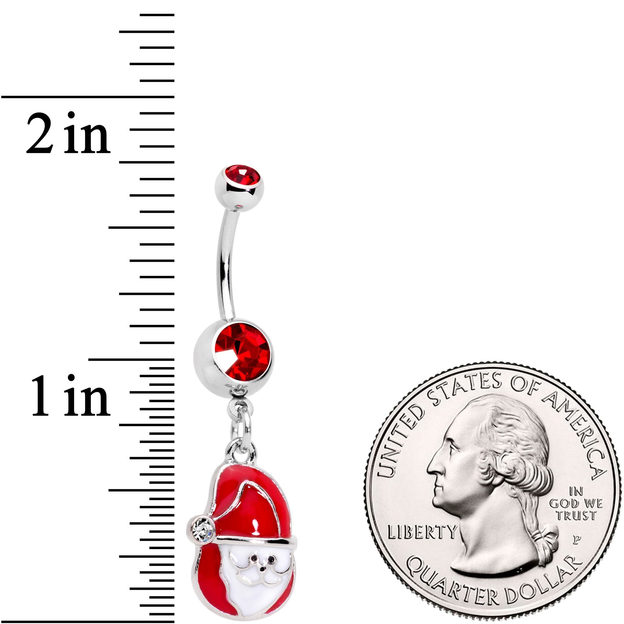 BodyCandy Clear Red Gem Happy Santa Dangle Belly Ring — detail and construction