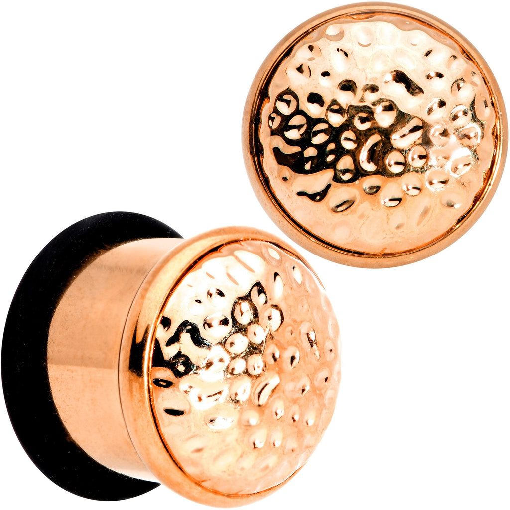 BodyCandy Rose Gold Tone Hammered Finish Single Flare Plug Set 6mm to 16mm Sizes — texture detail