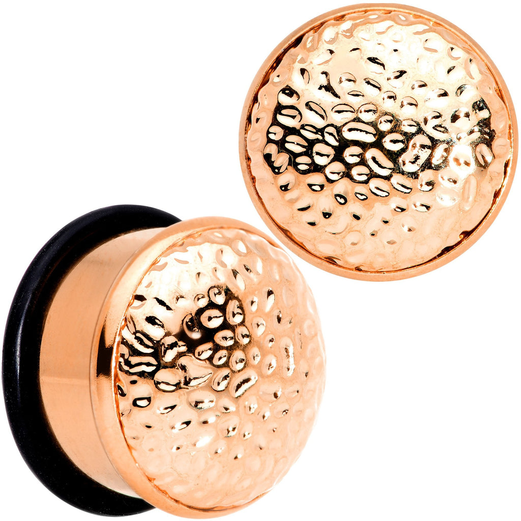 BodyCandy Rose Gold Tone Hammered Finish Single Flare Plug Set 6mm to 16mm Sizes — detail and construction