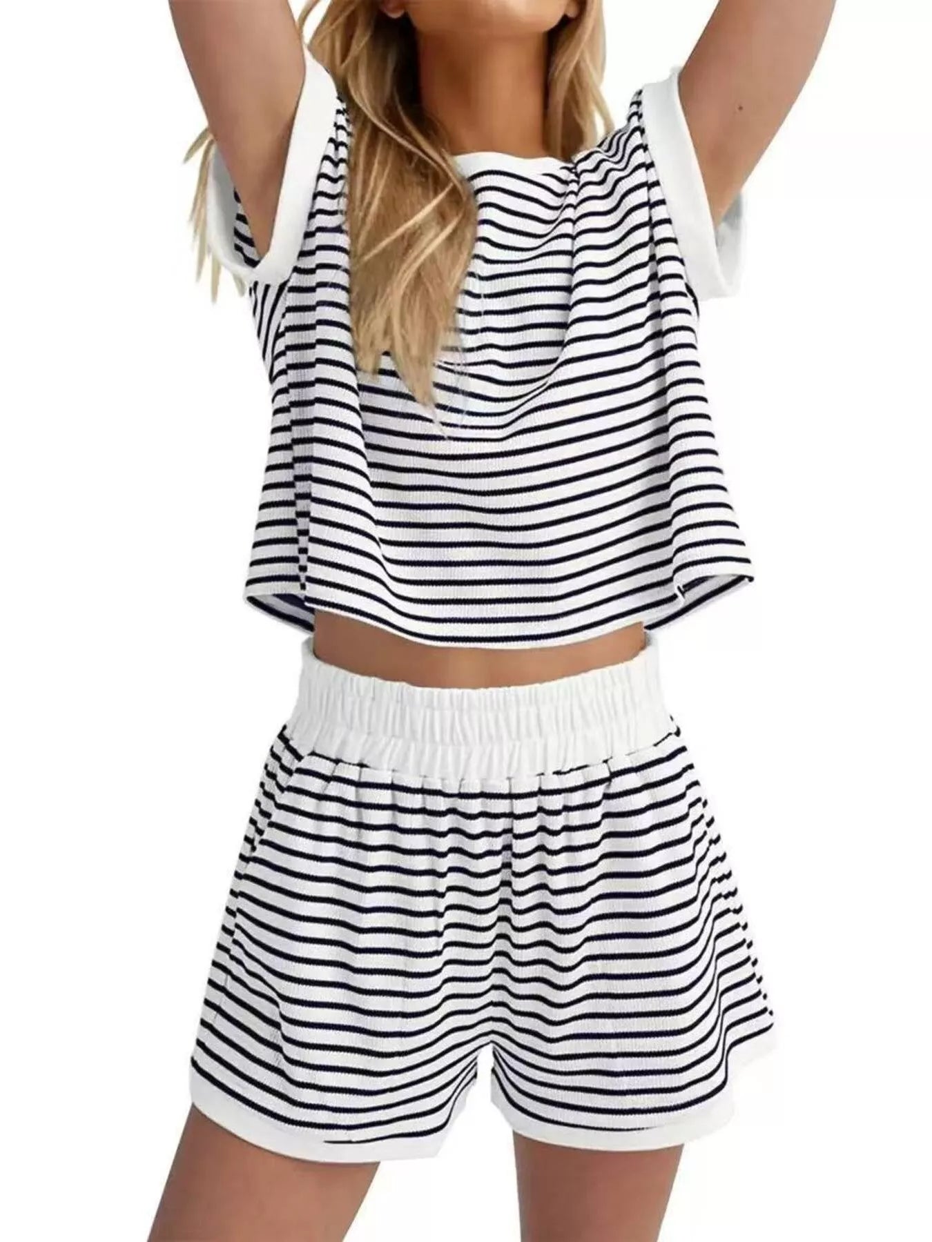 Full Size Striped Round Neck Top and Shorts Set Plus Size