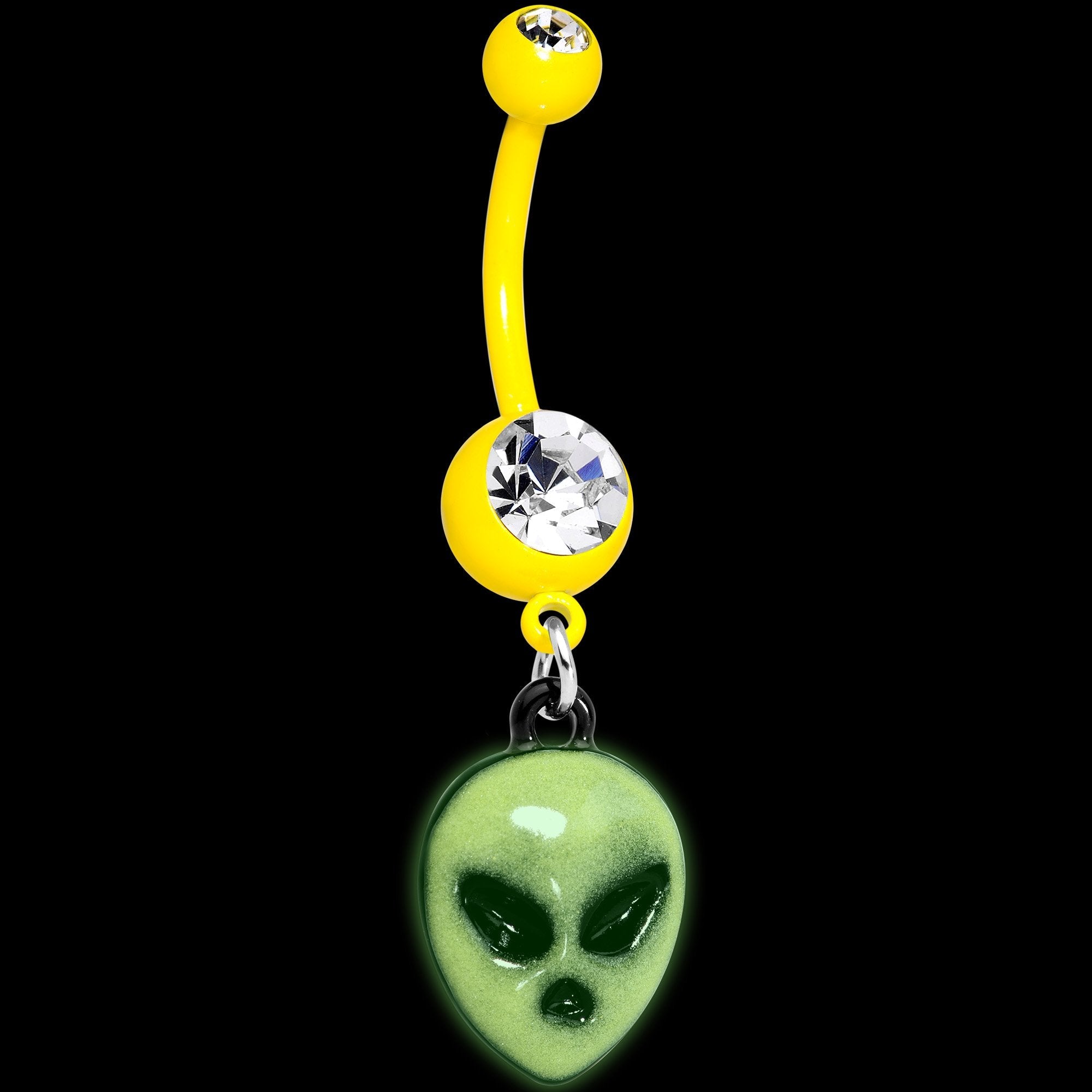 BodyCandy Clear Gem Yellow Glow in the Dark Grumpy Alien Dangle Belly Ring — detail and construction