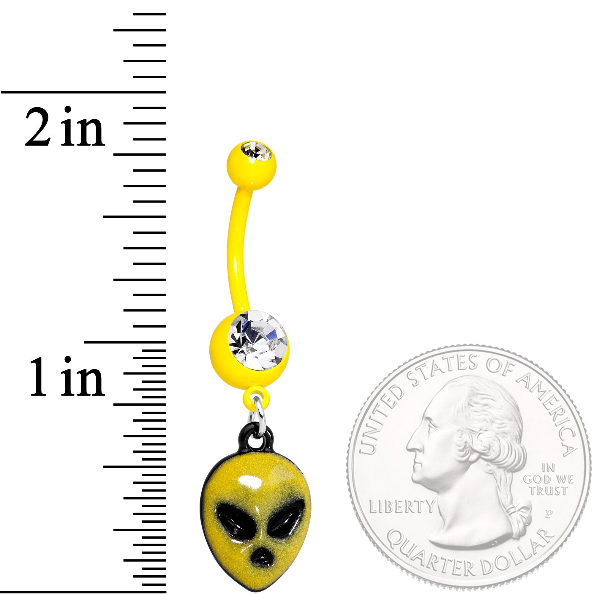 BodyCandy Clear Gem Yellow Glow in the Dark Grumpy Alien Dangle Belly Ring — lifestyle context