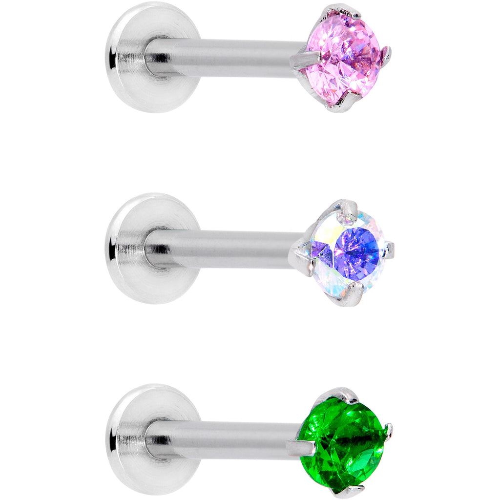 BodyCandy 16G 3/8 Pink Aurora Green Round CZ Gem Labret Tragus Set of 3 — main product shot